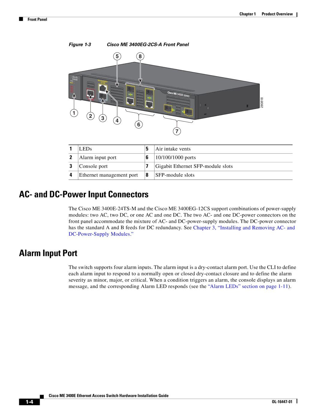 Cisco Systems Cisco ME 3400E manual AC- and DC-Power Input Connectors, Alarm Input Port 