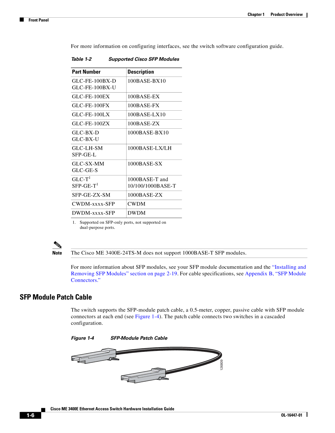 Cisco Systems Cisco ME 3400E manual SFP Module Patch Cable, Part Number Description 