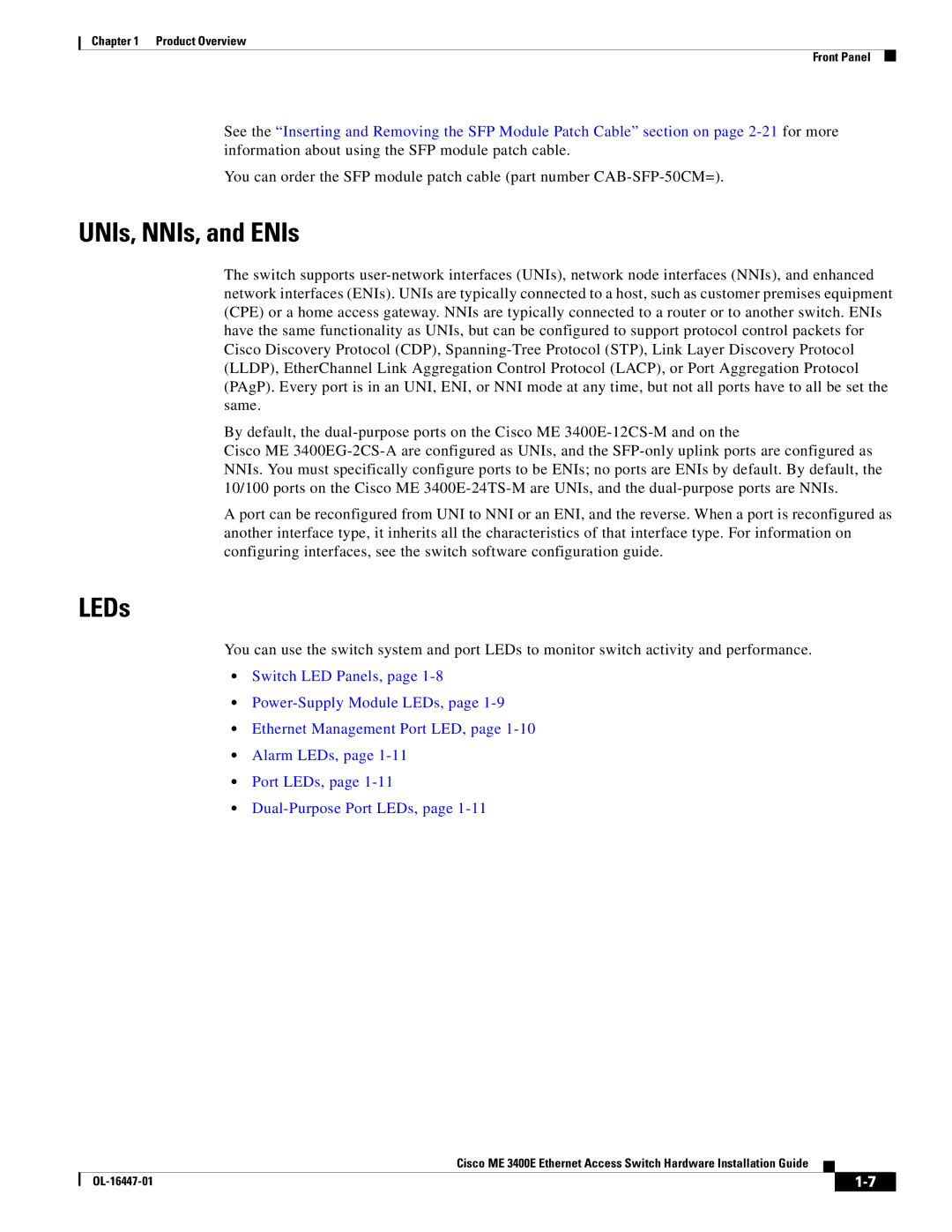 Cisco Systems Cisco ME 3400E manual UNIs, NNIs, and ENIs, LEDs 