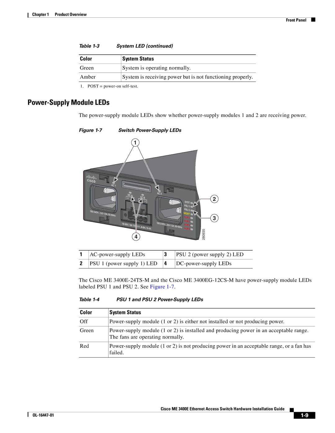 Cisco Systems Cisco ME 3400E manual Power-Supply Module LEDs, Switch Power-Supply LEDs 