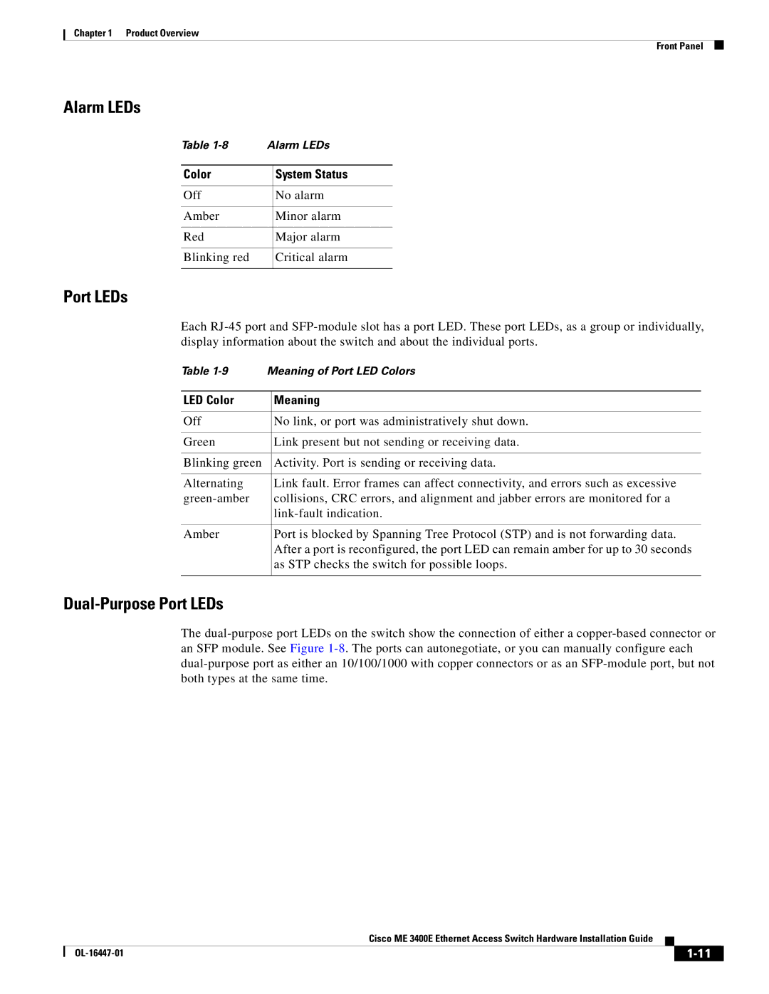 Cisco Systems Cisco ME 3400E manual Alarm LEDs, Dual-Purpose Port LEDs, LED Color Meaning 