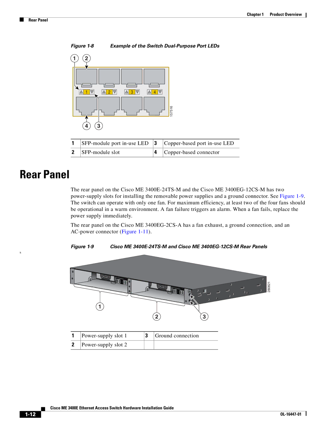 Cisco Systems Cisco ME 3400E manual Rear Panel, Power-supply slot Ground connection 