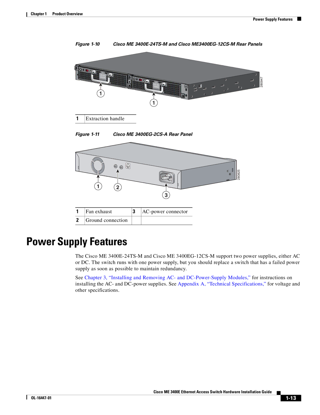 Cisco Systems manual Power Supply Features, Cisco ME 3400EG-2CS-A Rear Panel 