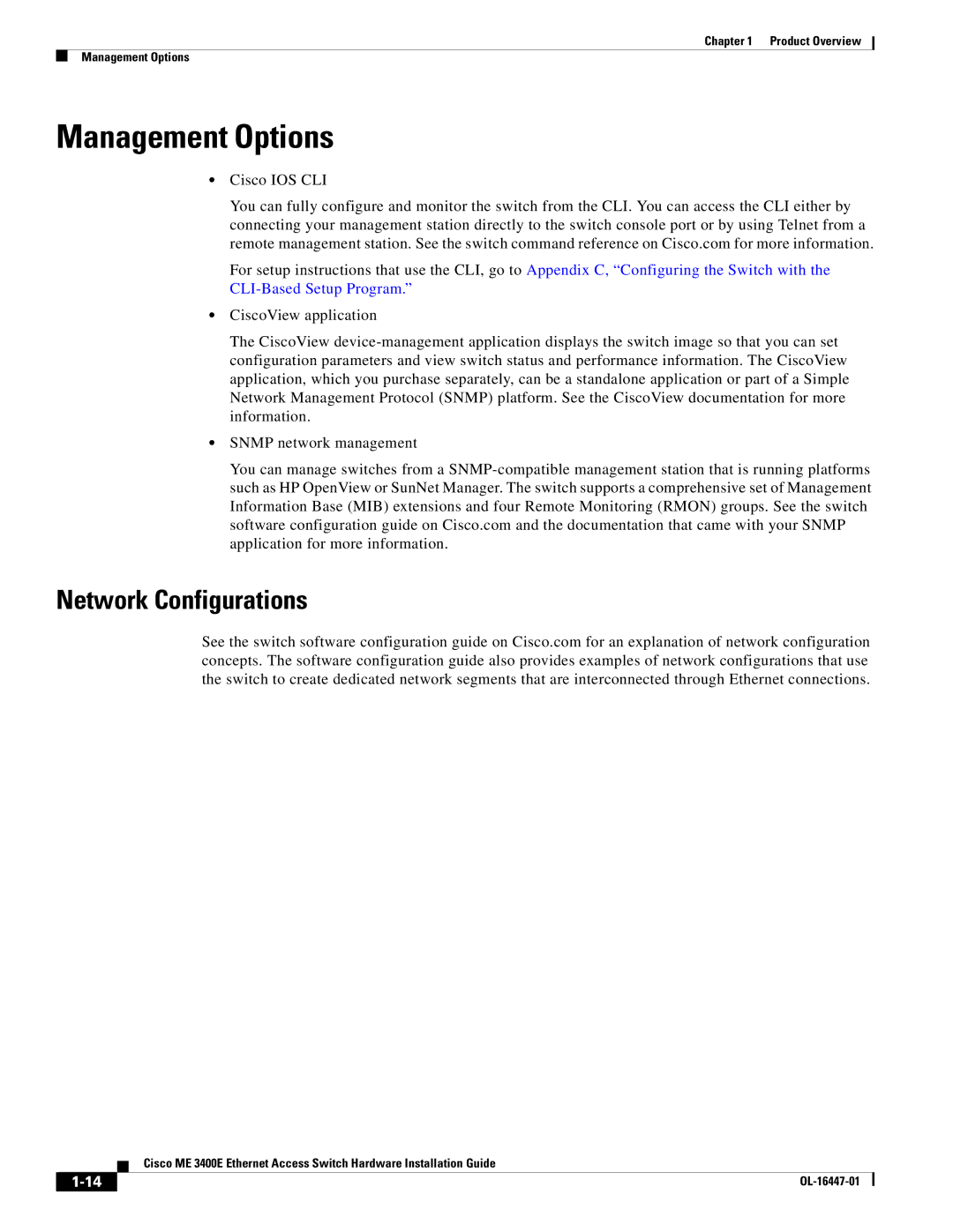 Cisco Systems Cisco ME 3400E manual Management Options, Network Configurations 