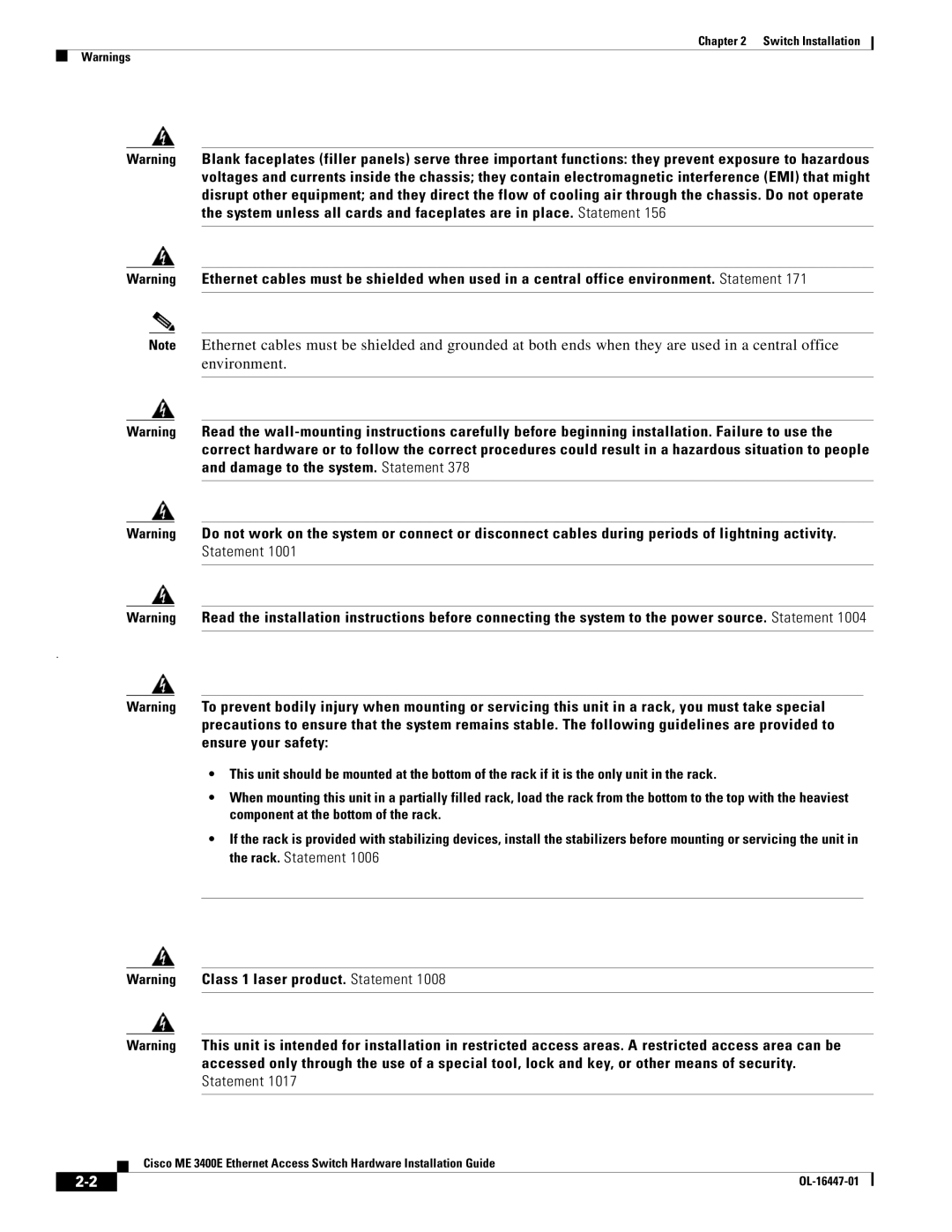 Cisco Systems Cisco ME 3400E manual Switch Installation 