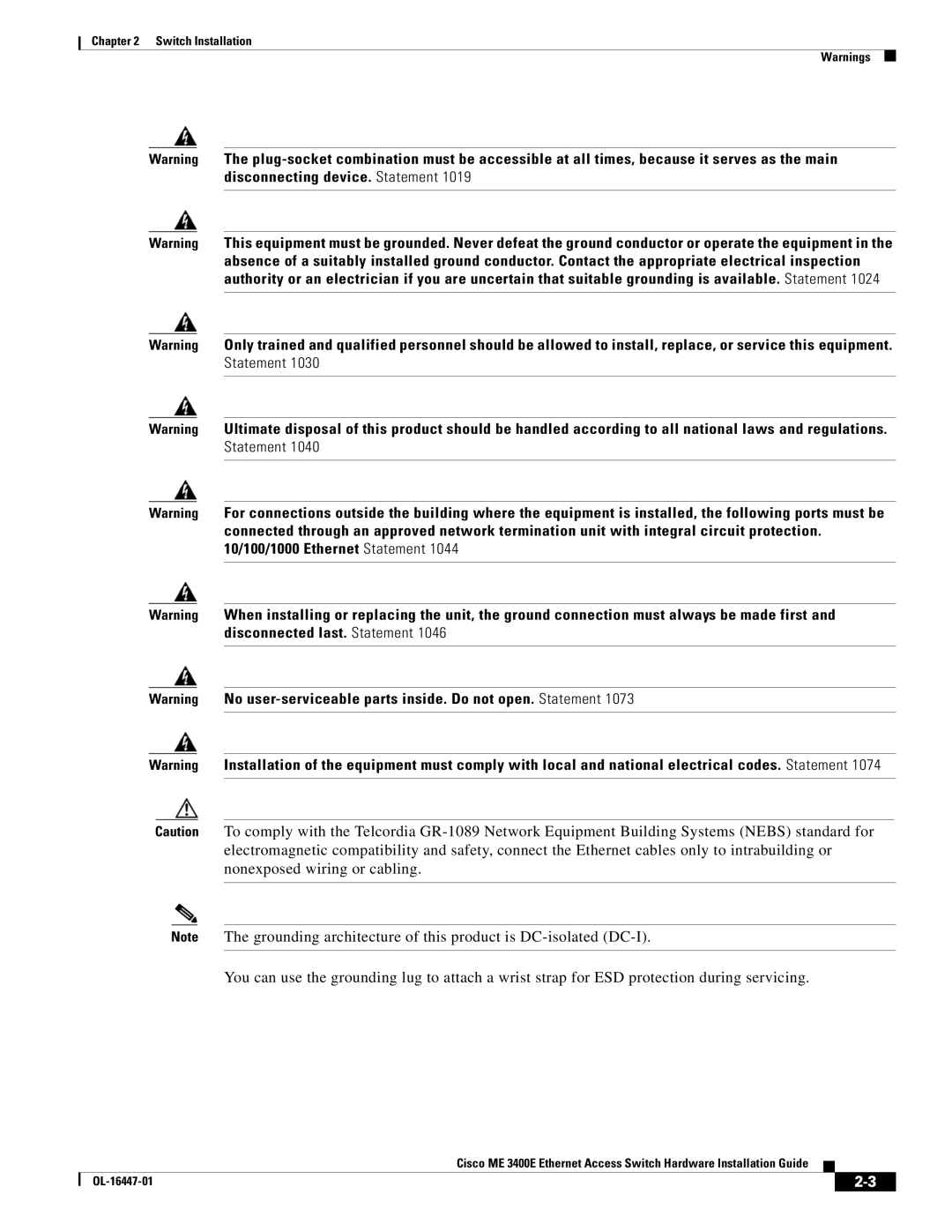 Cisco Systems Cisco ME 3400E manual Switch Installation 