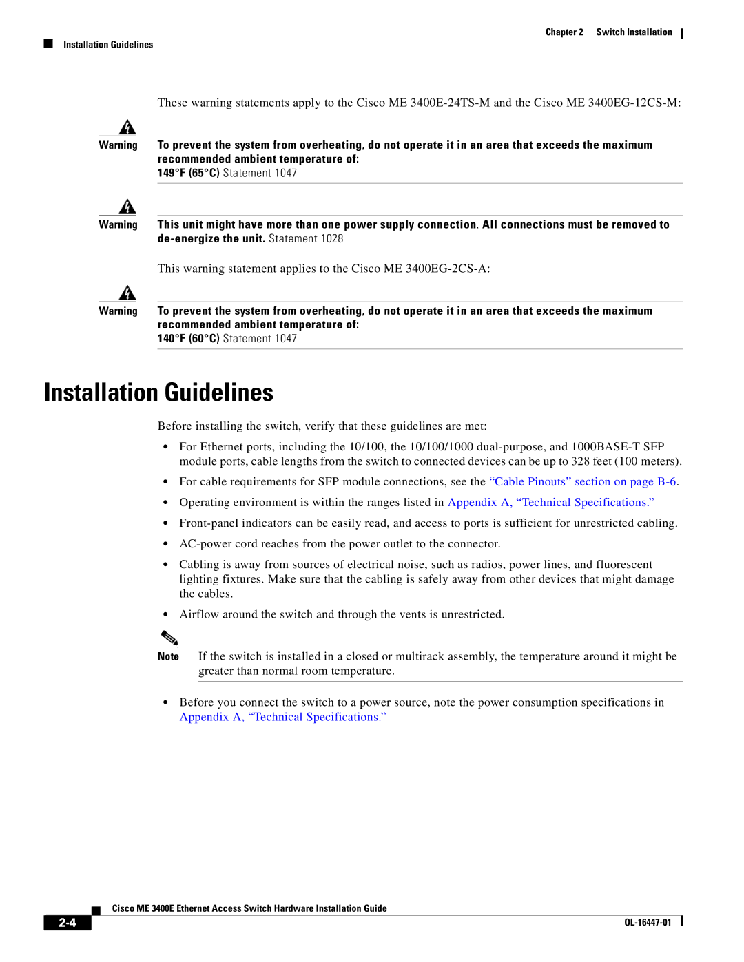 Cisco Systems Cisco ME 3400E manual Installation Guidelines 