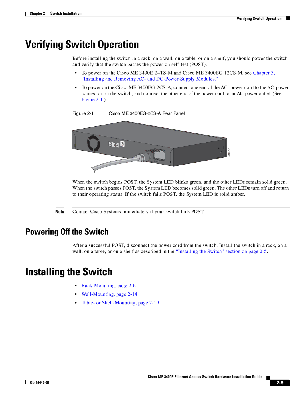 Cisco Systems Cisco ME 3400E manual Verifying Switch Operation, Installing the Switch, Powering Off the Switch 