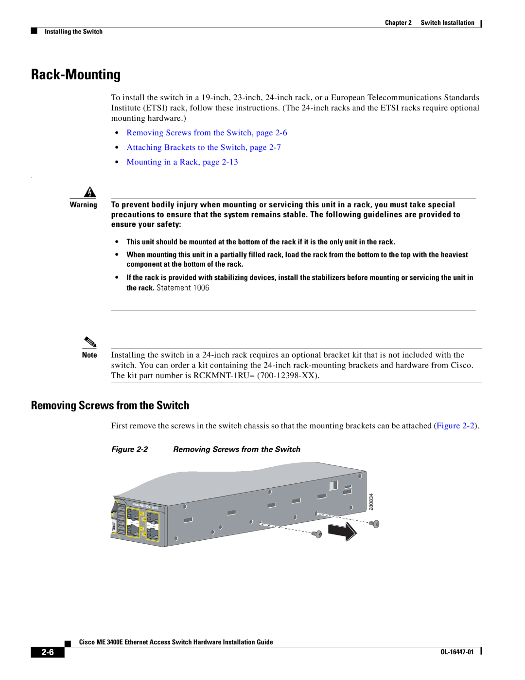 Cisco Systems Cisco ME 3400E manual Rack-Mounting, Removing Screws from the Switch 