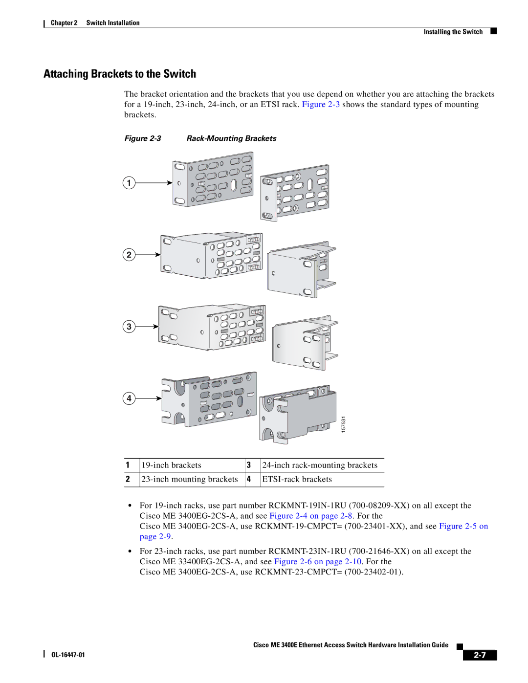 Cisco Systems Cisco ME 3400E manual Attaching Brackets to the Switch, Rack-Mounting Brackets 