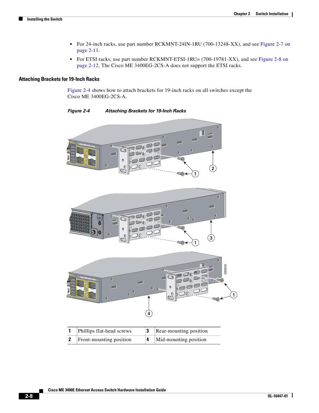 Cisco Systems Cisco ME 3400E manual Attaching Brackets for 19-Inch Racks 