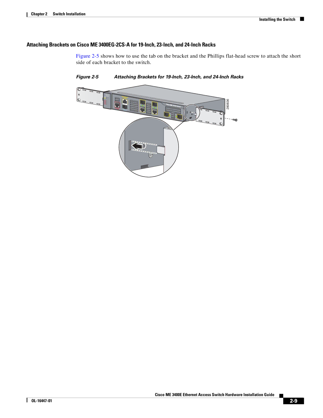 Cisco Systems Cisco ME 3400E manual Attaching Brackets for 19-Inch, 23-Inch, and 24-Inch Racks 