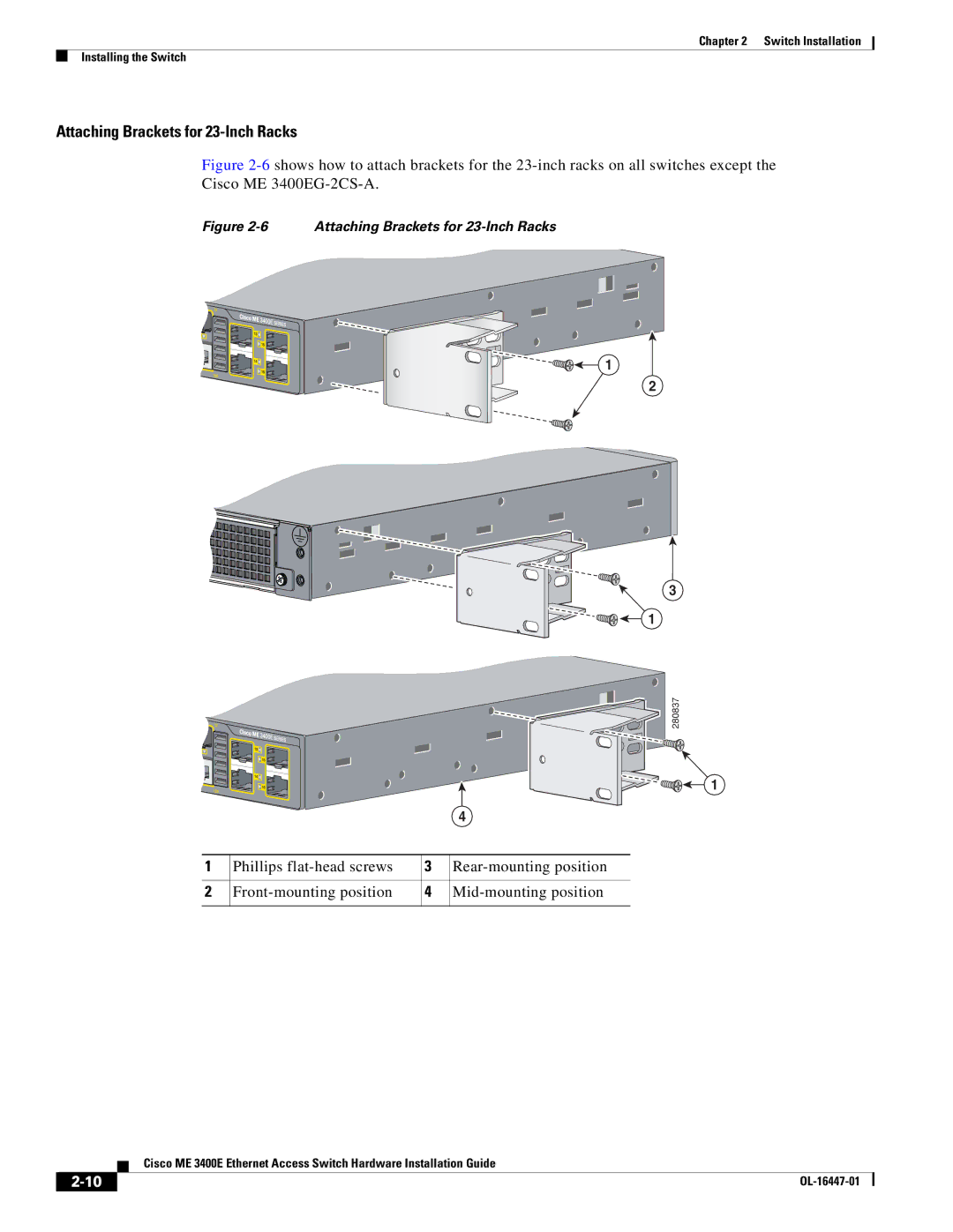 Cisco Systems Cisco ME 3400E manual Attaching Brackets for 23-Inch Racks 