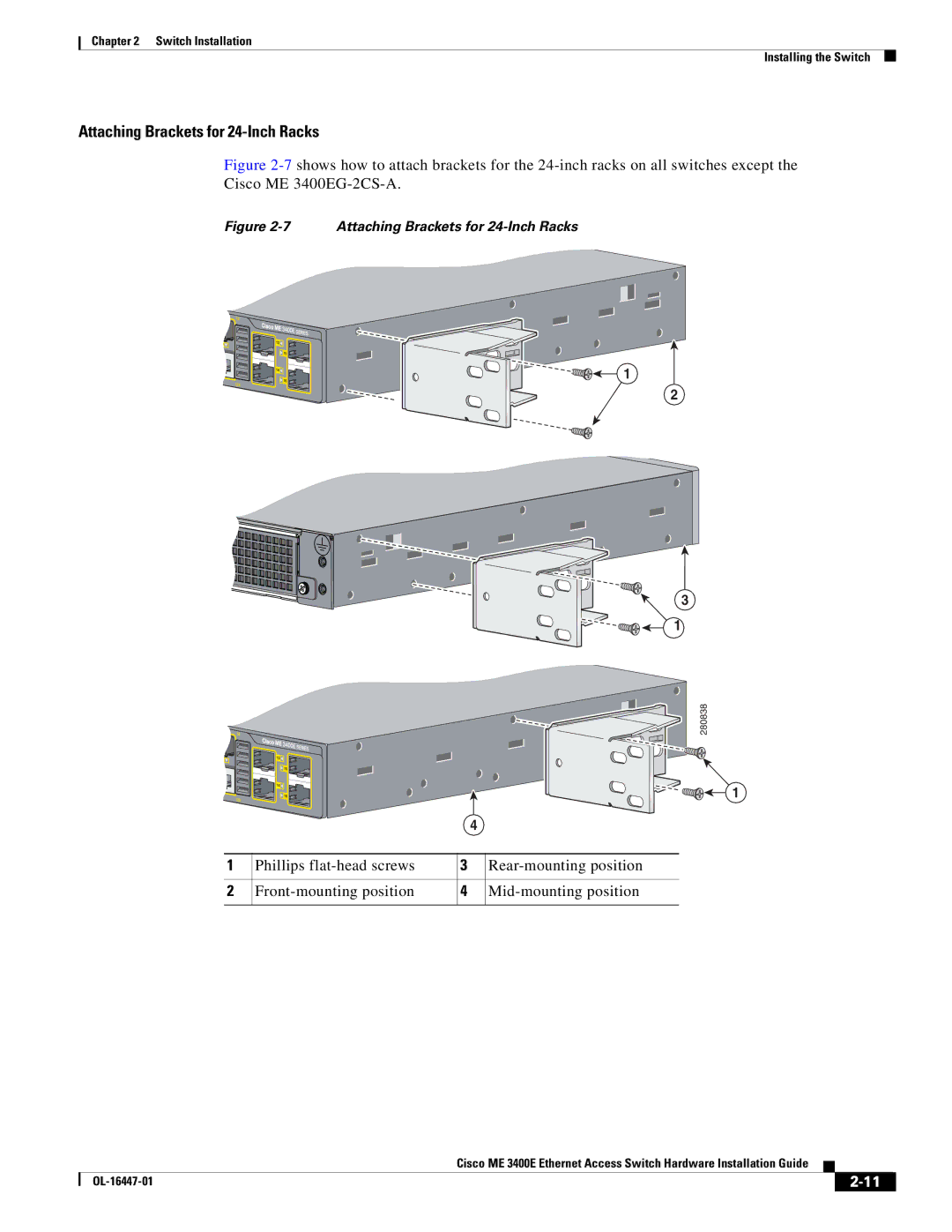 Cisco Systems Cisco ME 3400E manual Attaching Brackets for 24-Inch Racks 