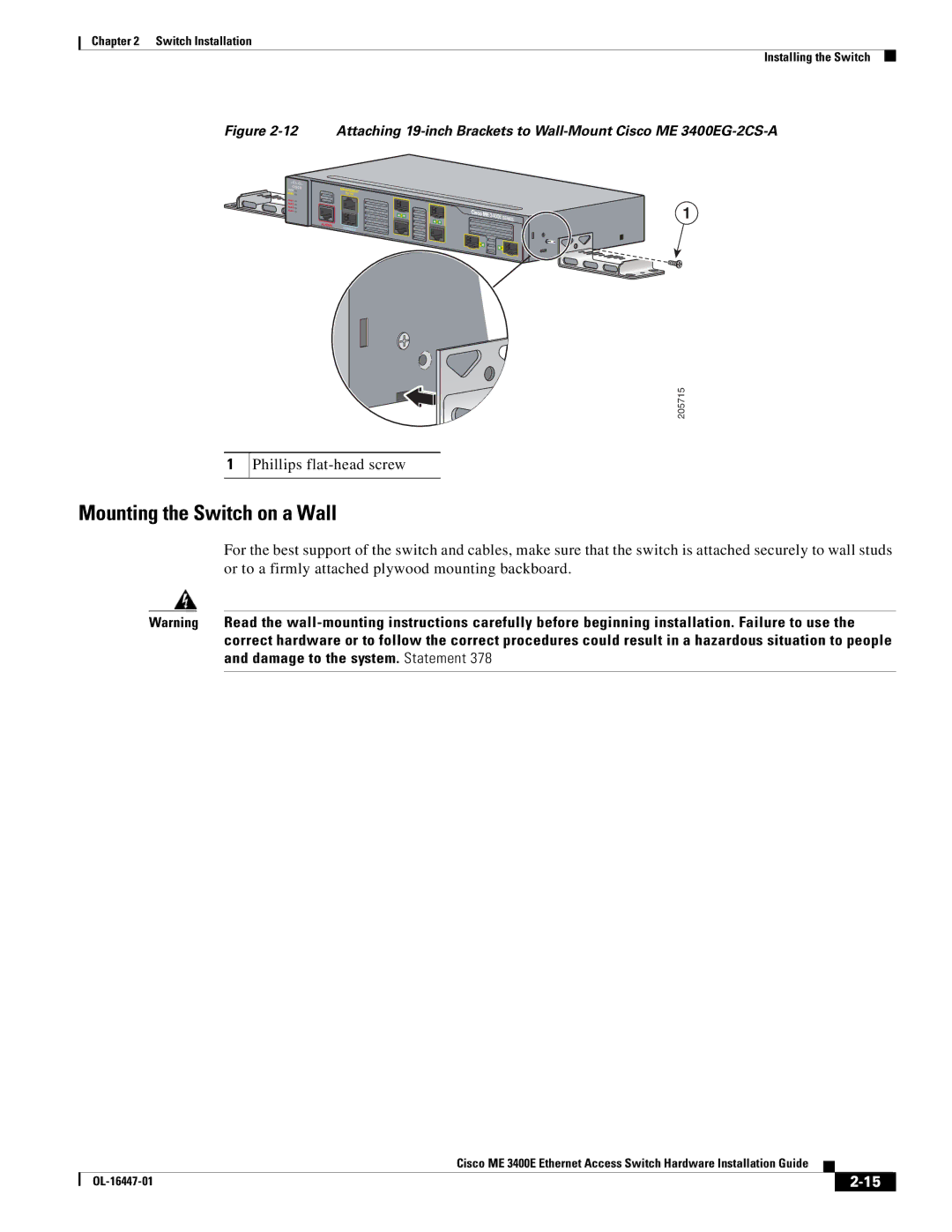 Cisco Systems Cisco ME 3400E manual Mounting the Switch on a Wall 