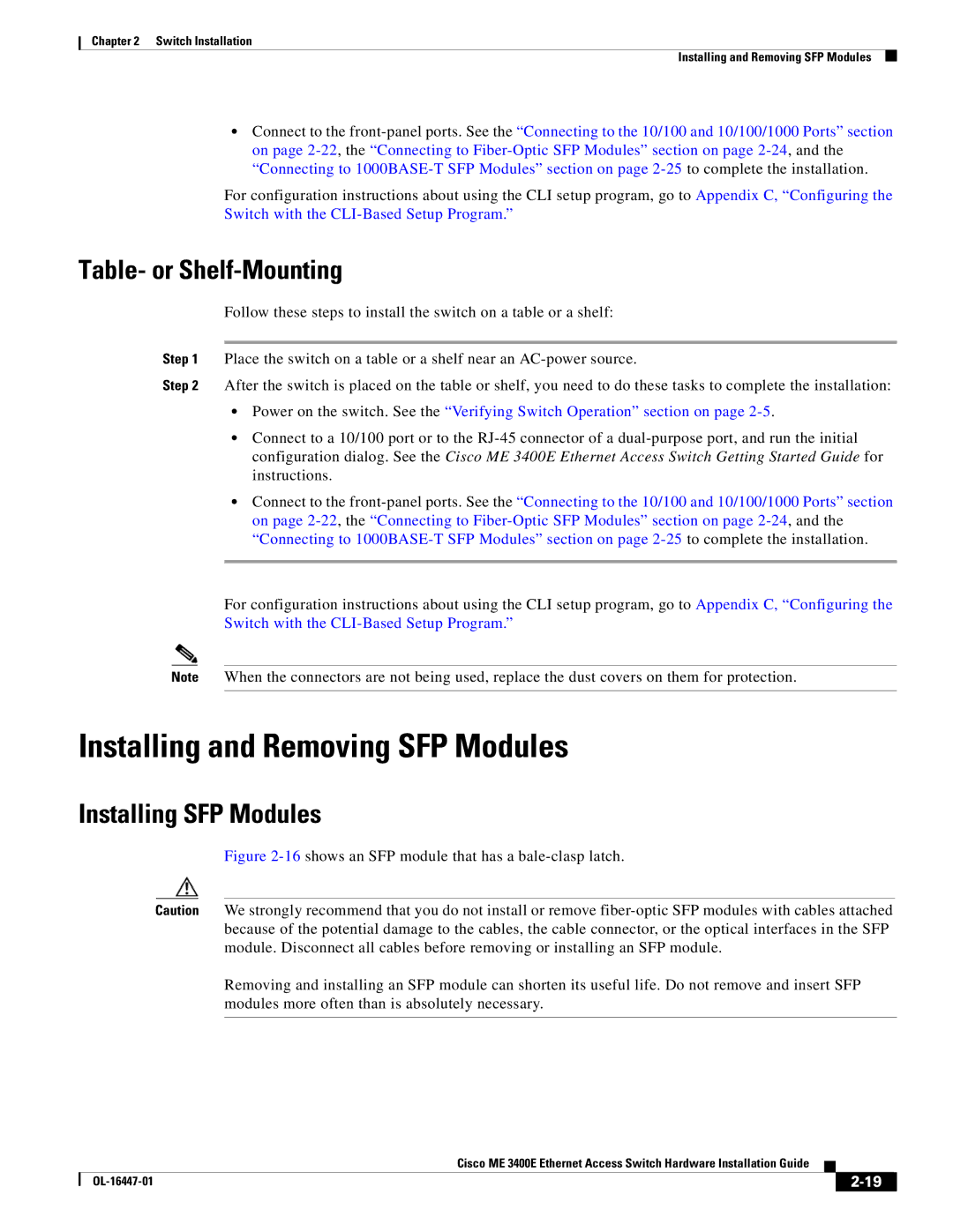 Cisco Systems Cisco ME 3400E manual Installing and Removing SFP Modules, Table- or Shelf-Mounting, Installing SFP Modules 