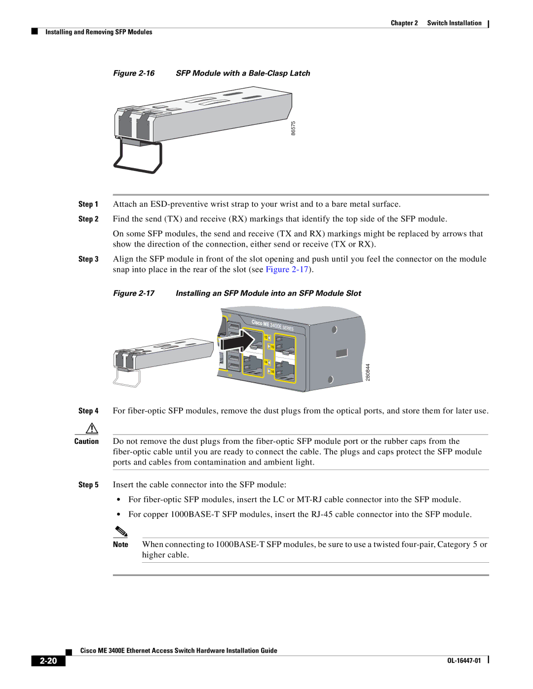 Cisco Systems Cisco ME 3400E manual SFP Module with a Bale-Clasp Latch 