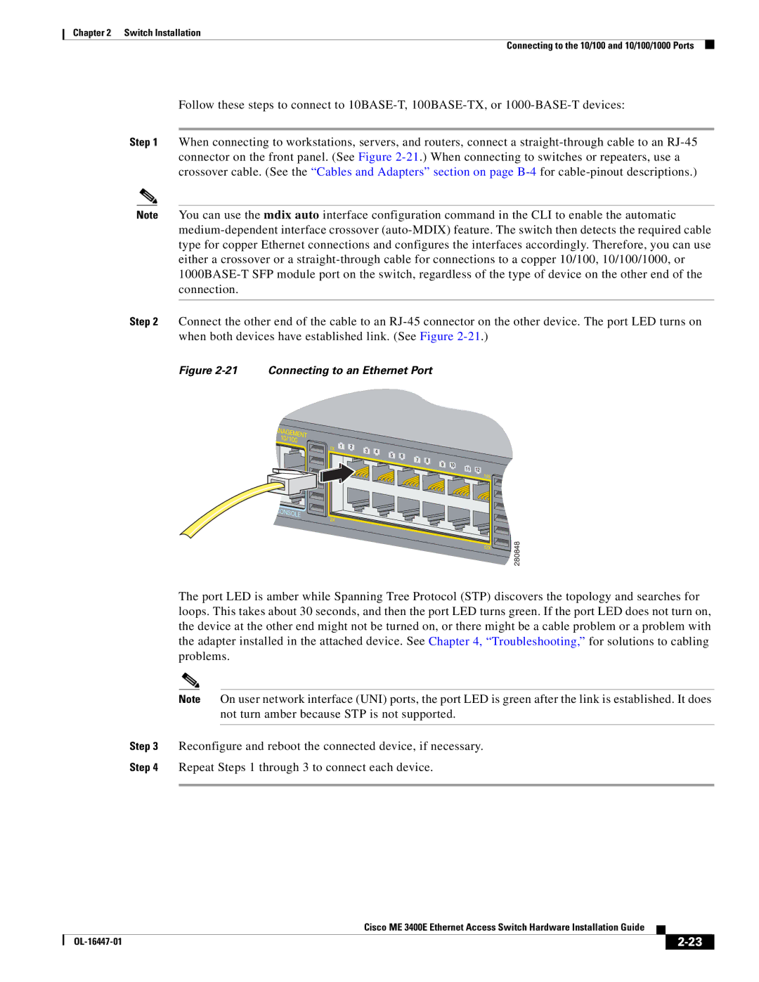 Cisco Systems Cisco ME 3400E manual Connecting to an Ethernet Port 