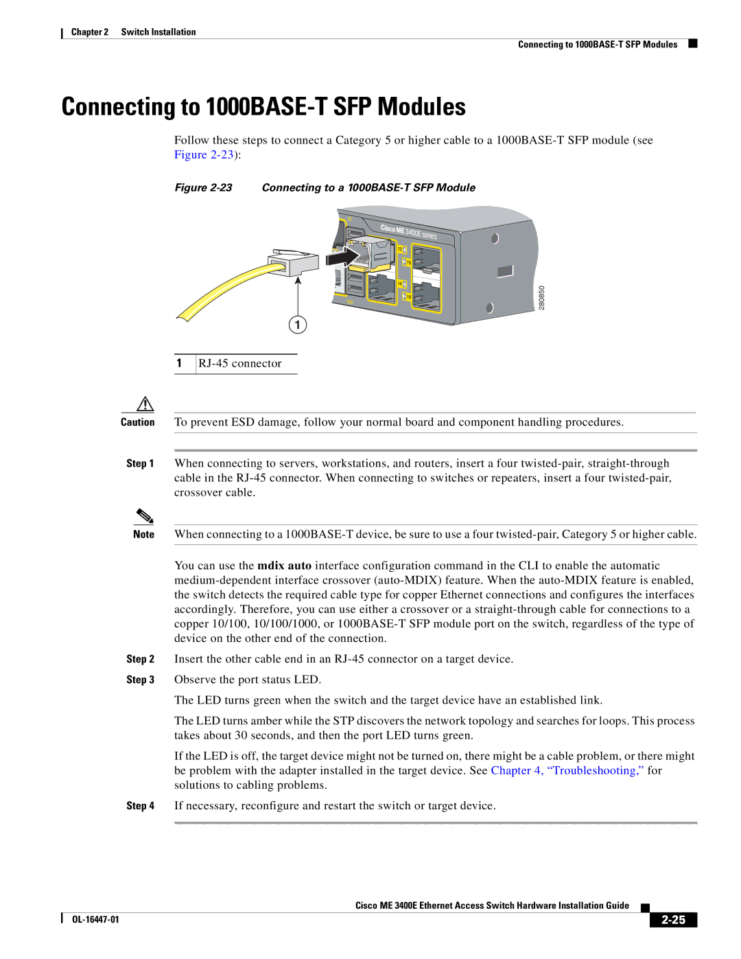 Cisco Systems Cisco ME 3400E manual Connecting to 1000BASE-T SFP Modules, Connecting to a 1000BASE-T SFP Module 