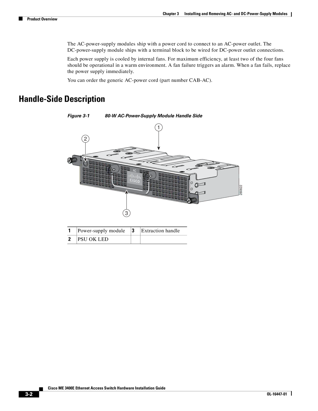 Cisco Systems Cisco ME 3400E manual Handle-Side Description, Psu Ok Led 