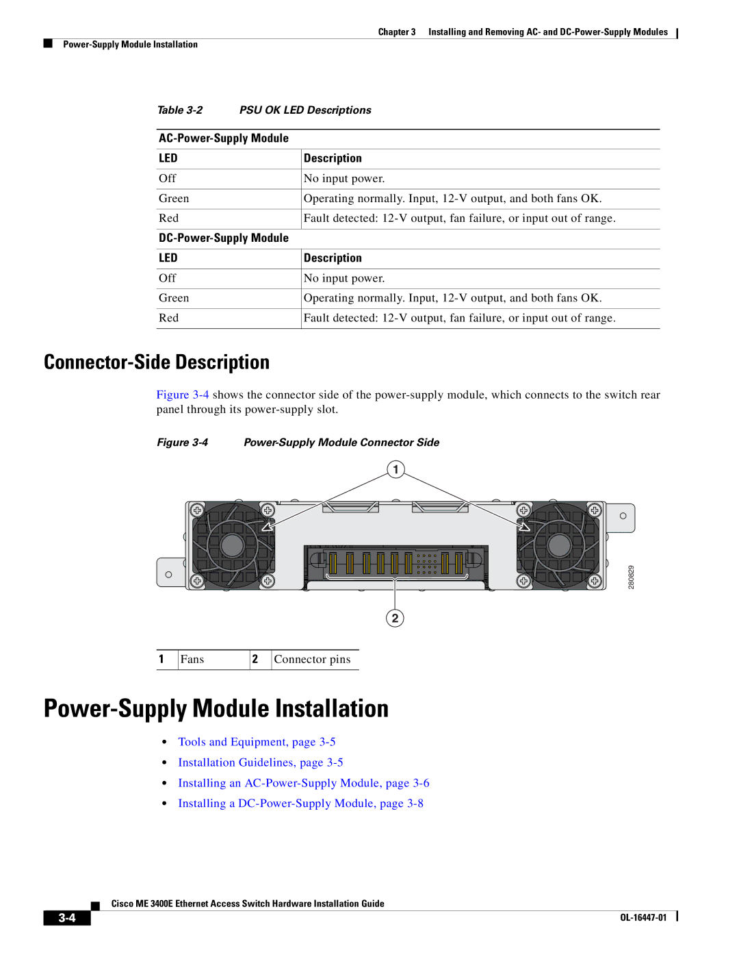 Cisco Systems Cisco ME 3400E manual Power-Supply Module Installation, Connector-Side Description, AC-Power-Supply Module 