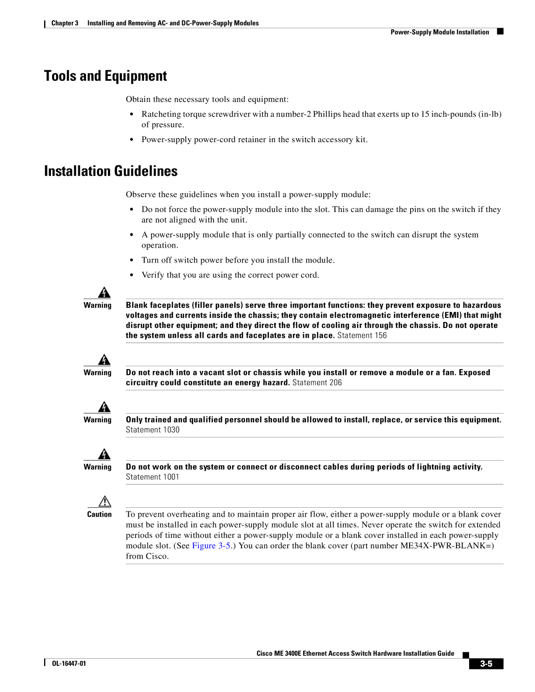 Cisco Systems Cisco ME 3400E manual Tools and Equipment, Installation Guidelines 