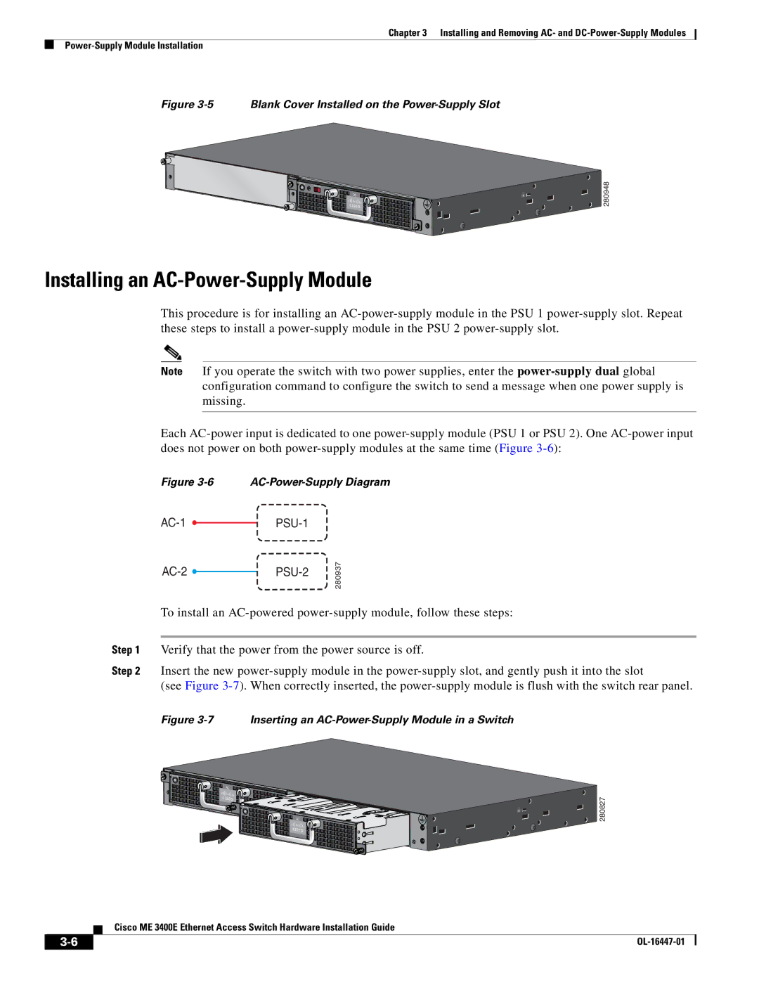 Cisco Systems Cisco ME 3400E manual Installing an AC-Power-Supply Module, AC-1 PSU-1 AC-2 PSU-2 