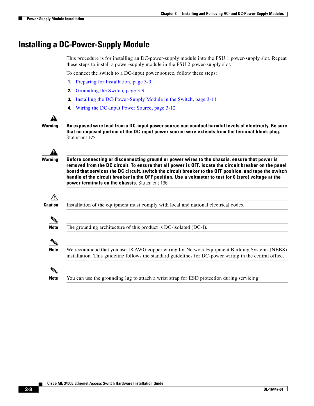 Cisco Systems Cisco ME 3400E manual Installing a DC-Power-Supply Module 