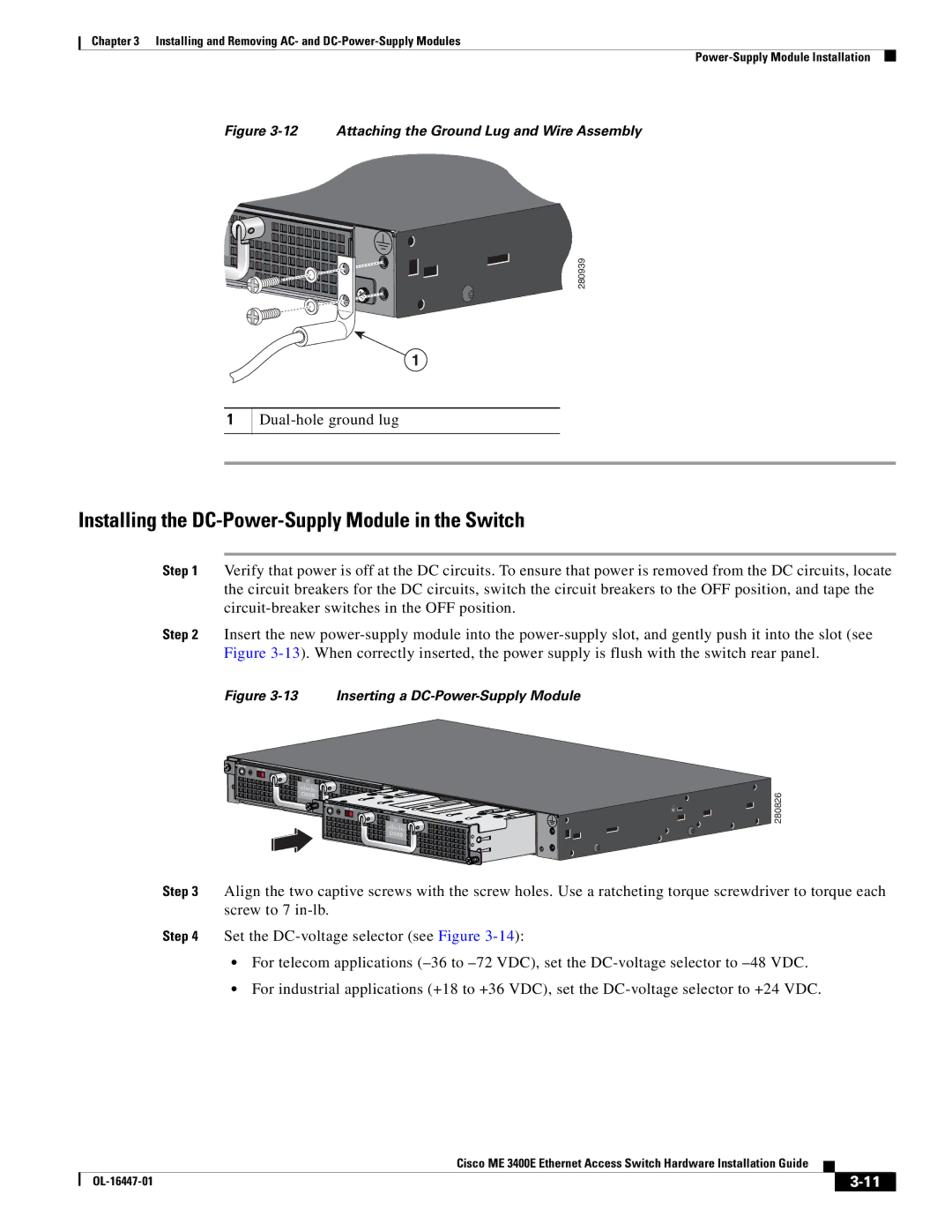 Cisco Systems Cisco ME 3400E manual Installing the DC-Power-Supply Module in the Switch 