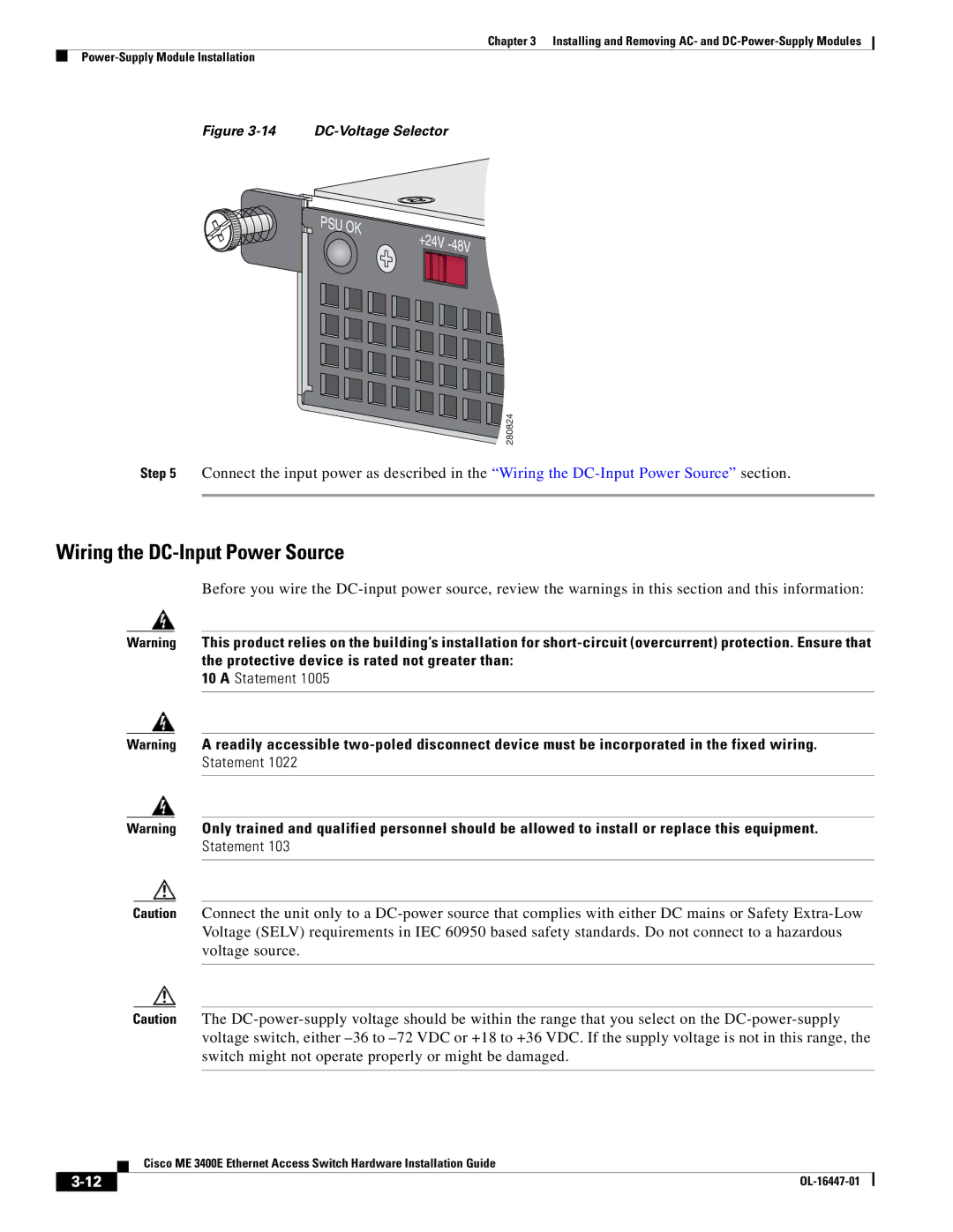 Cisco Systems Cisco ME 3400E manual Wiring the DC-Input Power Source, Statement 