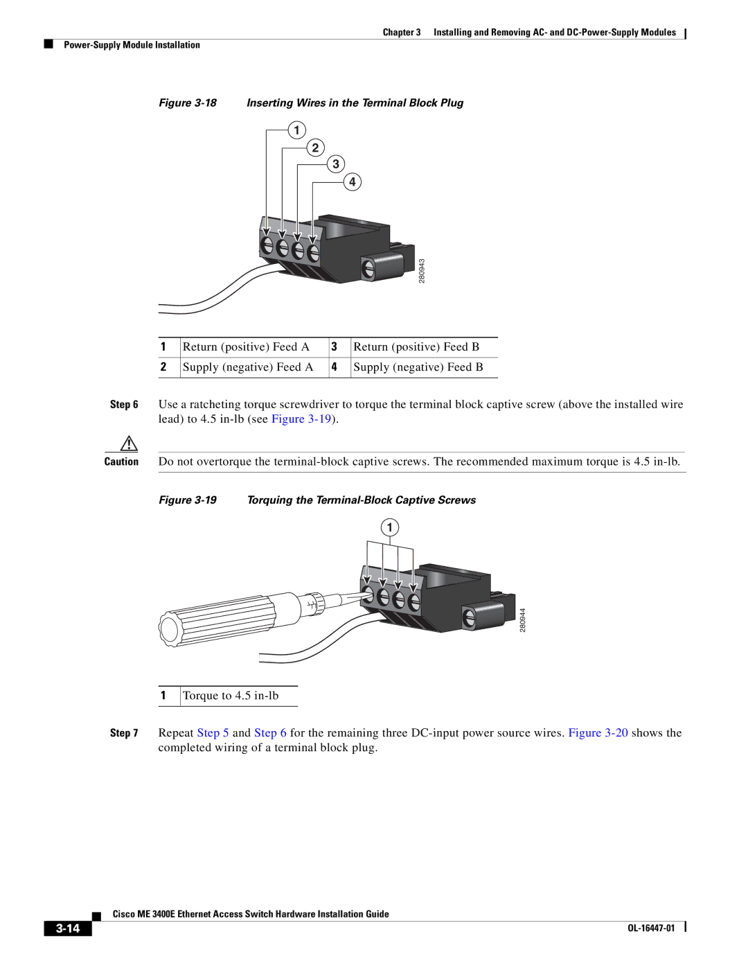 Cisco Systems Cisco ME 3400E manual Inserting Wires in the Terminal Block Plug 