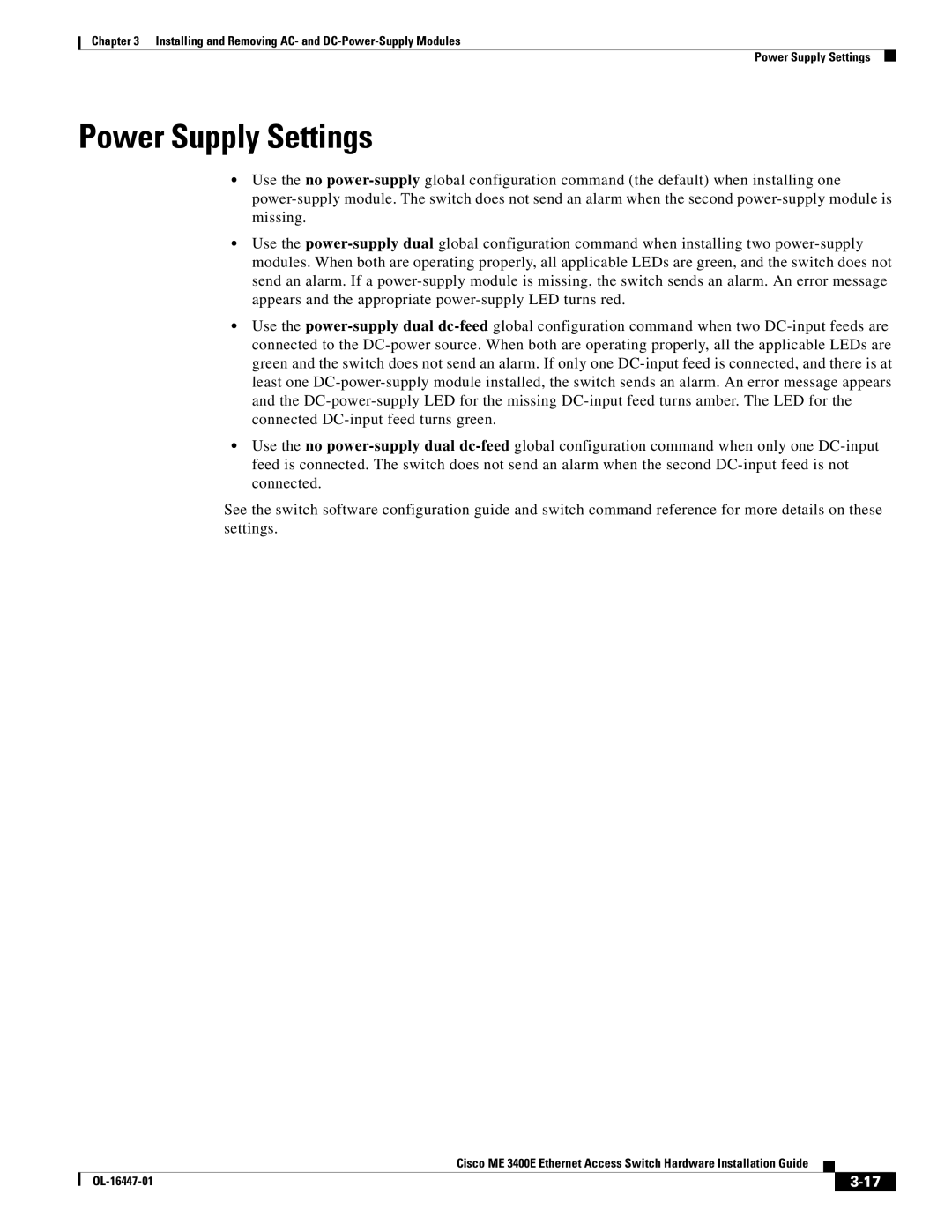 Cisco Systems Cisco ME 3400E manual Power Supply Settings 