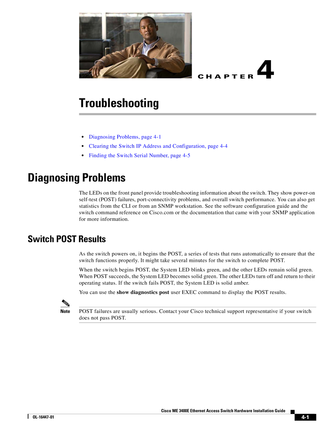 Cisco Systems Cisco ME 3400E manual Diagnosing Problems, Switch Post Results 