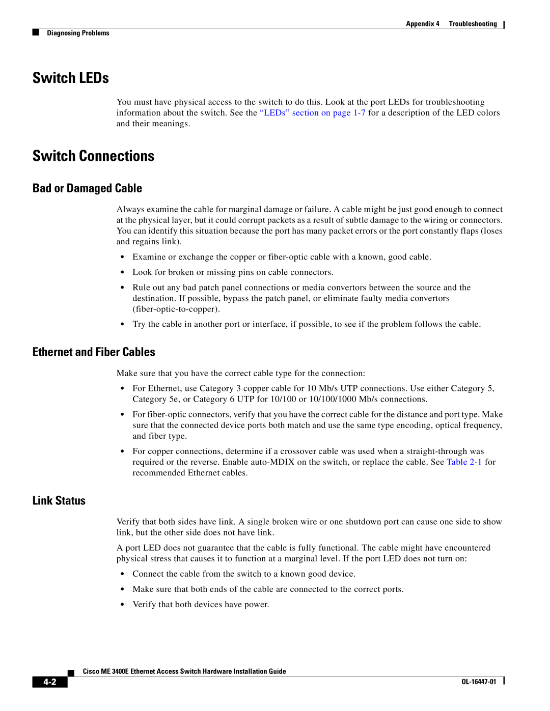 Cisco Systems Cisco ME 3400E Switch LEDs, Switch Connections, Bad or Damaged Cable, Ethernet and Fiber Cables, Link Status 