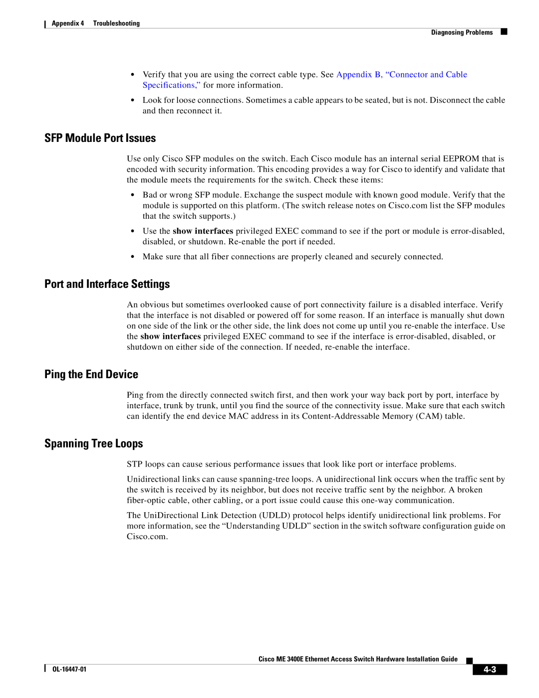 Cisco Systems Cisco ME 3400E SFP Module Port Issues, Port and Interface Settings, Ping the End Device, Spanning Tree Loops 