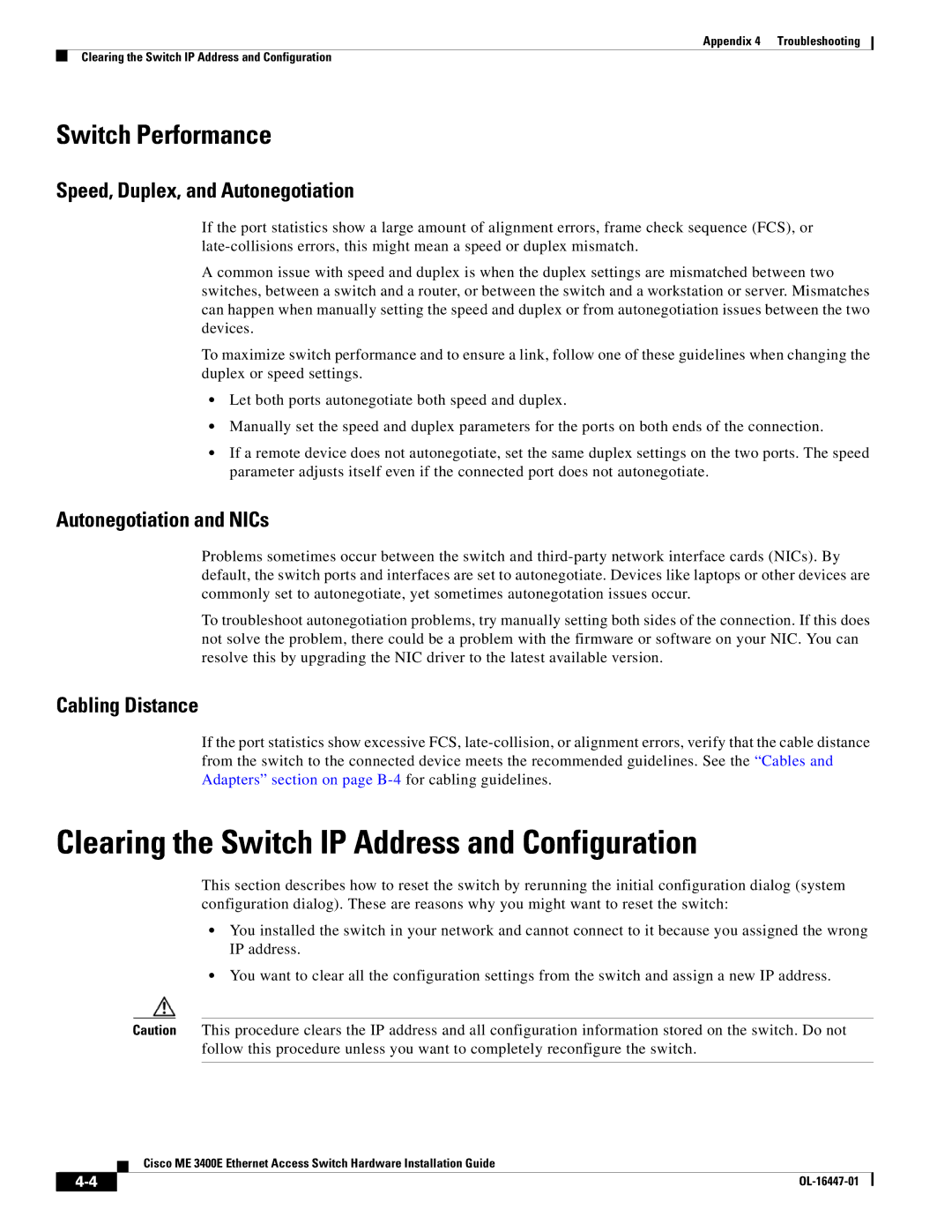 Cisco Systems Cisco ME 3400E manual Clearing the Switch IP Address and Configuration, Switch Performance, Cabling Distance 