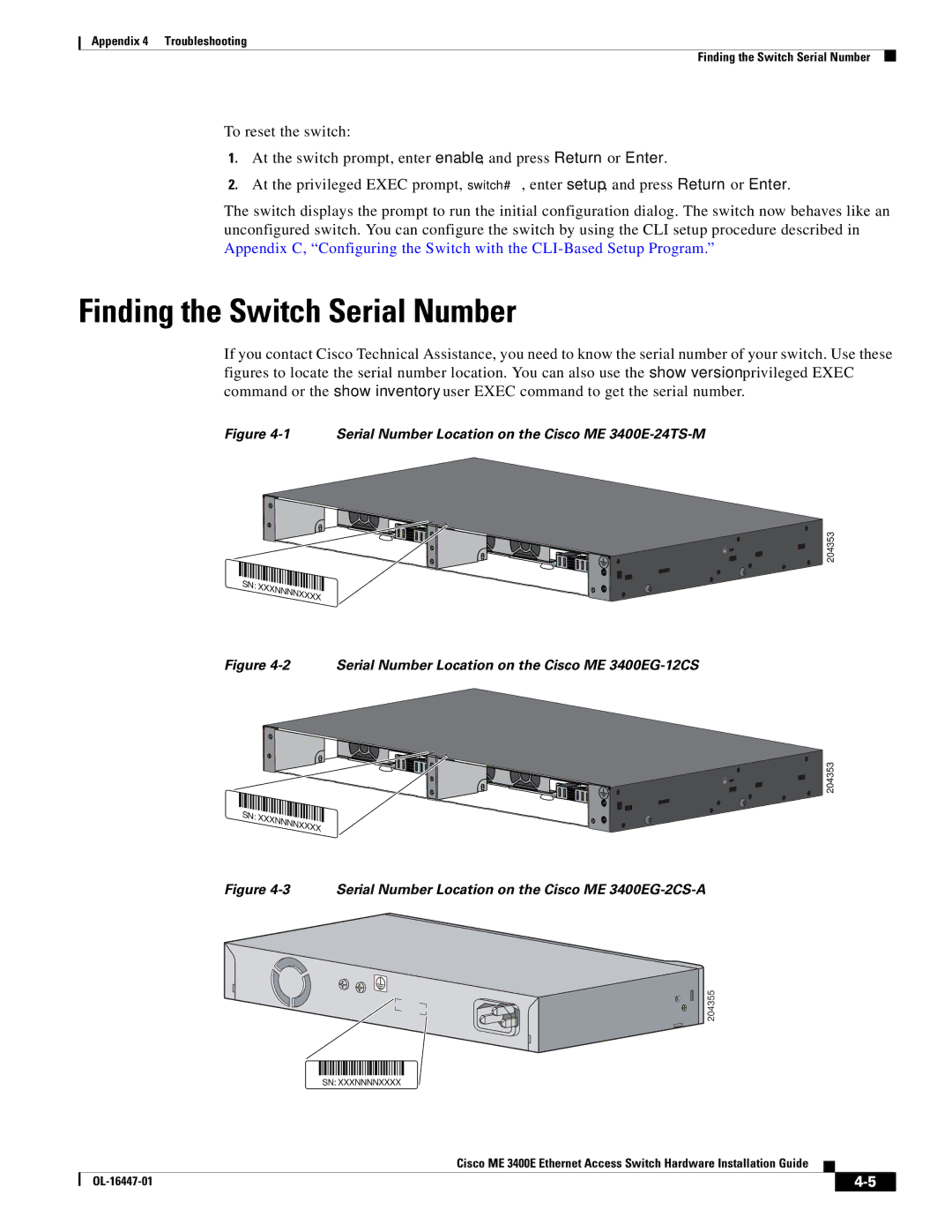 Cisco Systems manual Finding the Switch Serial Number, Serial Number Location on the Cisco ME 3400E-24TS-M 