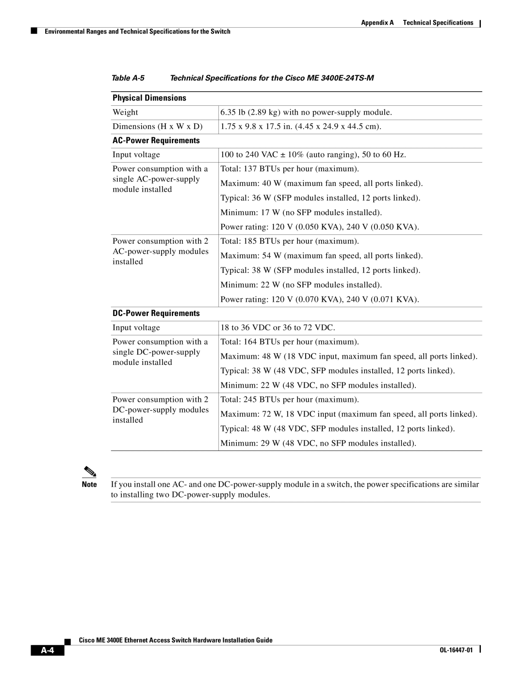 Cisco Systems Cisco ME 3400E manual Physical Dimensions, AC-Power Requirements, DC-Power Requirements 