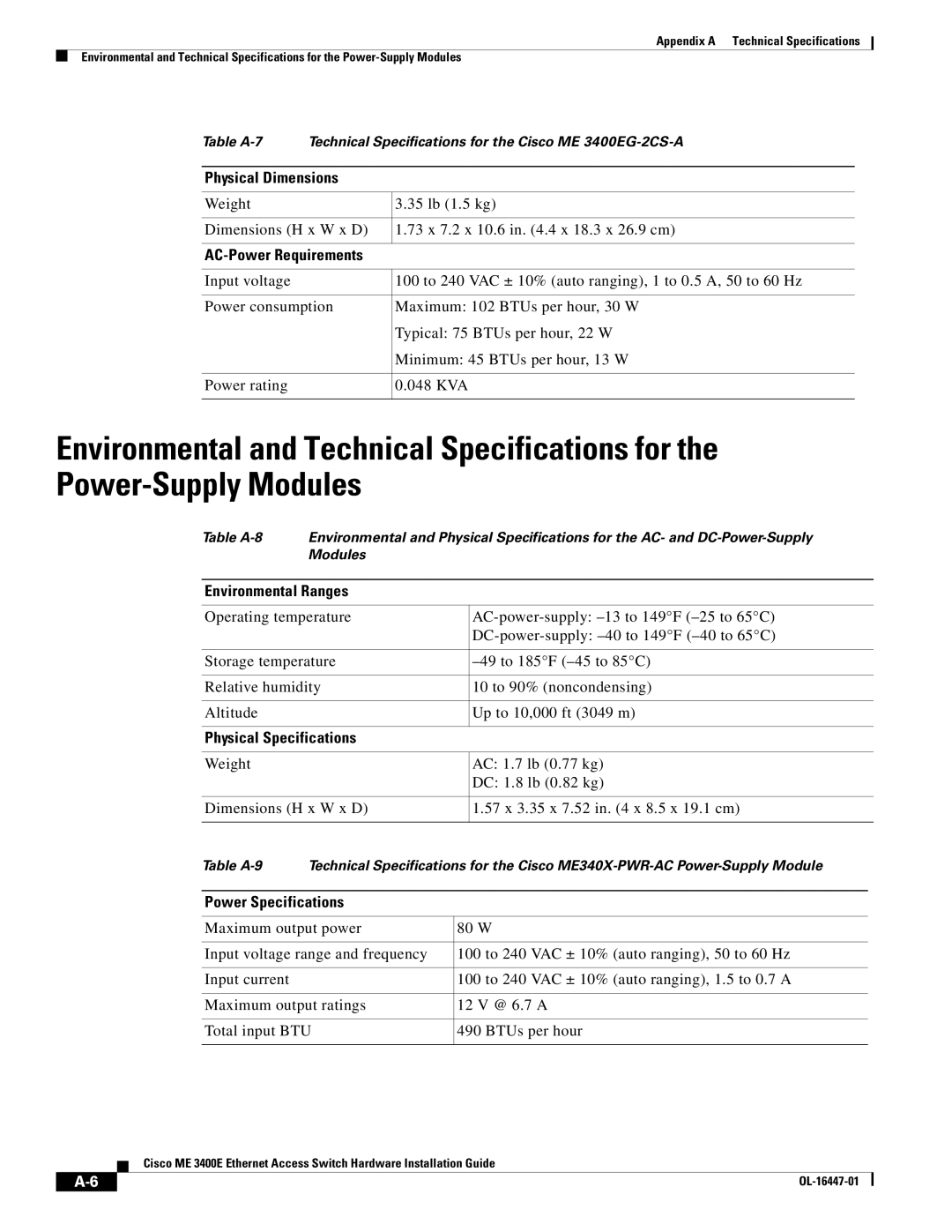 Cisco Systems Cisco ME 3400E manual Physical Specifications, Power Specifications 