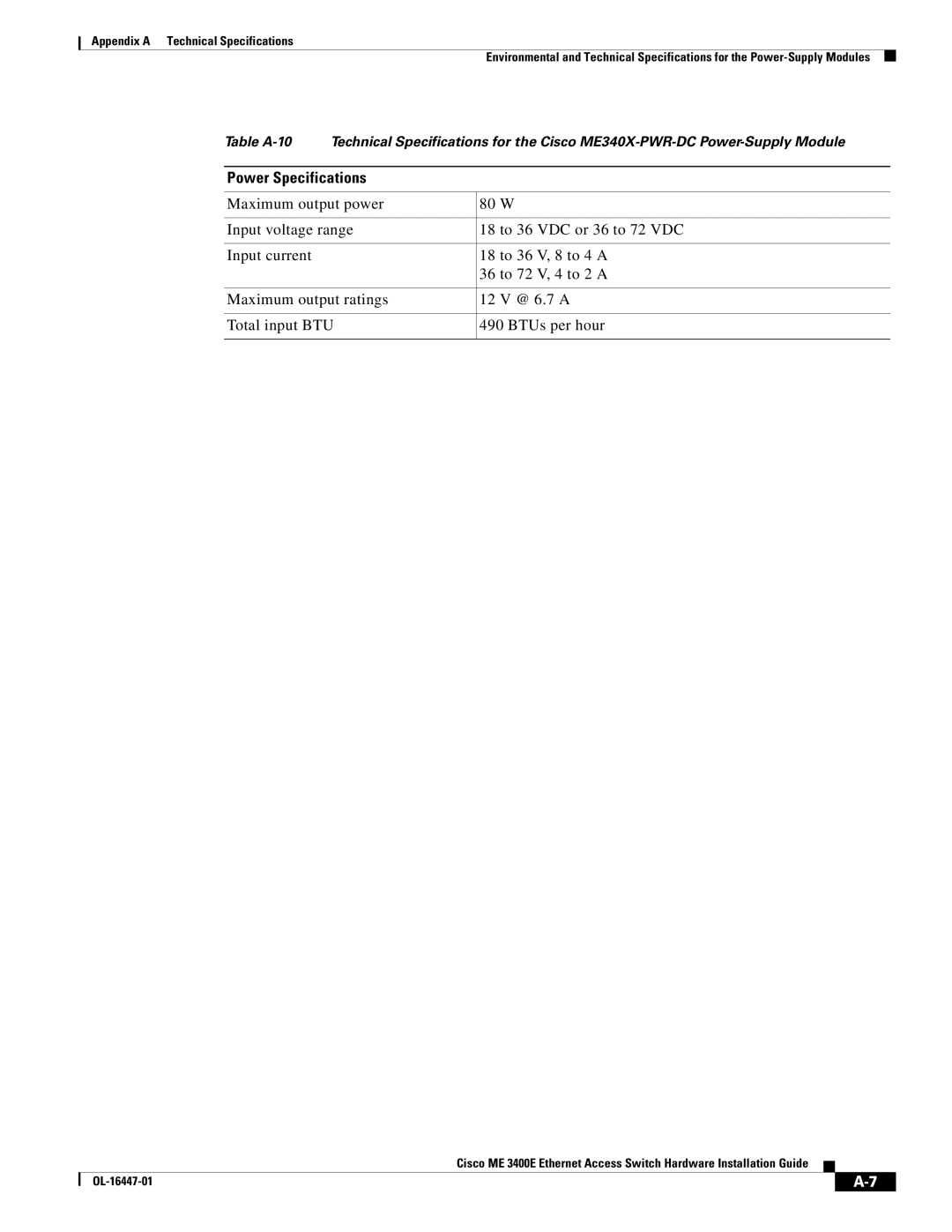 Cisco Systems Cisco ME 3400E manual Power Specifications 