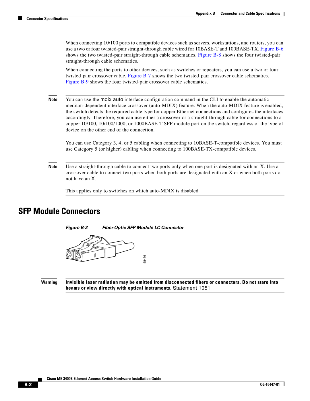 Cisco Systems Cisco ME 3400E manual SFP Module Connectors, Figure B-2 Fiber-Optic SFP Module LC Connector 