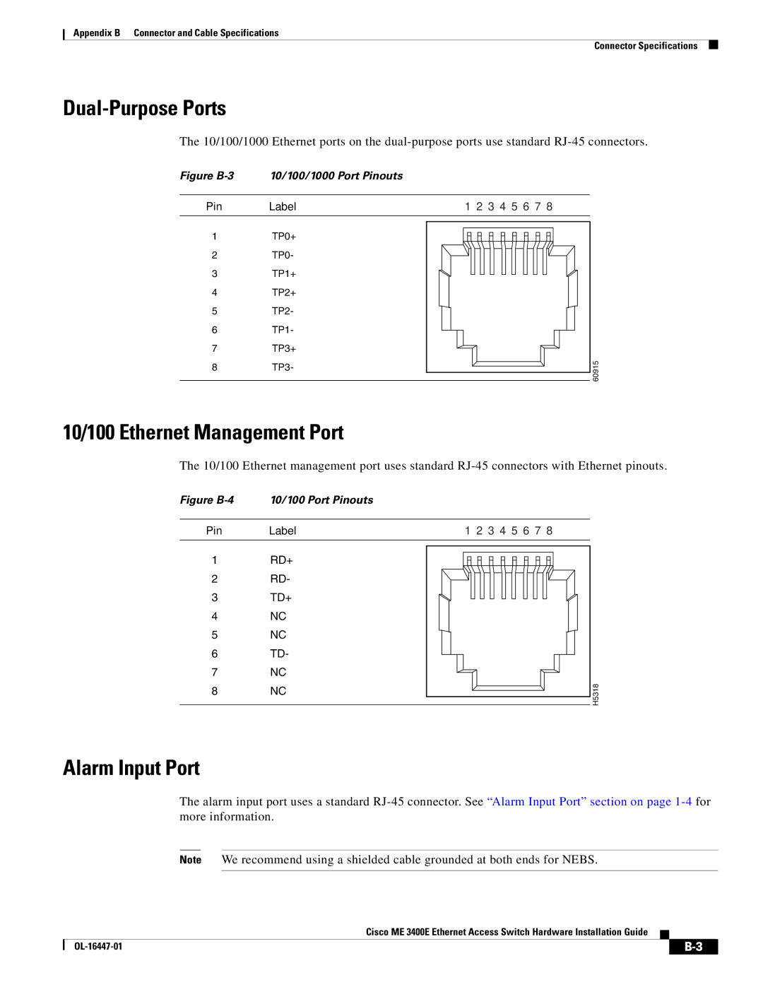 Cisco Systems Cisco ME 3400E manual 10/100 Ethernet Management Port, Figure B-3 10/100/1000 Port Pinouts 