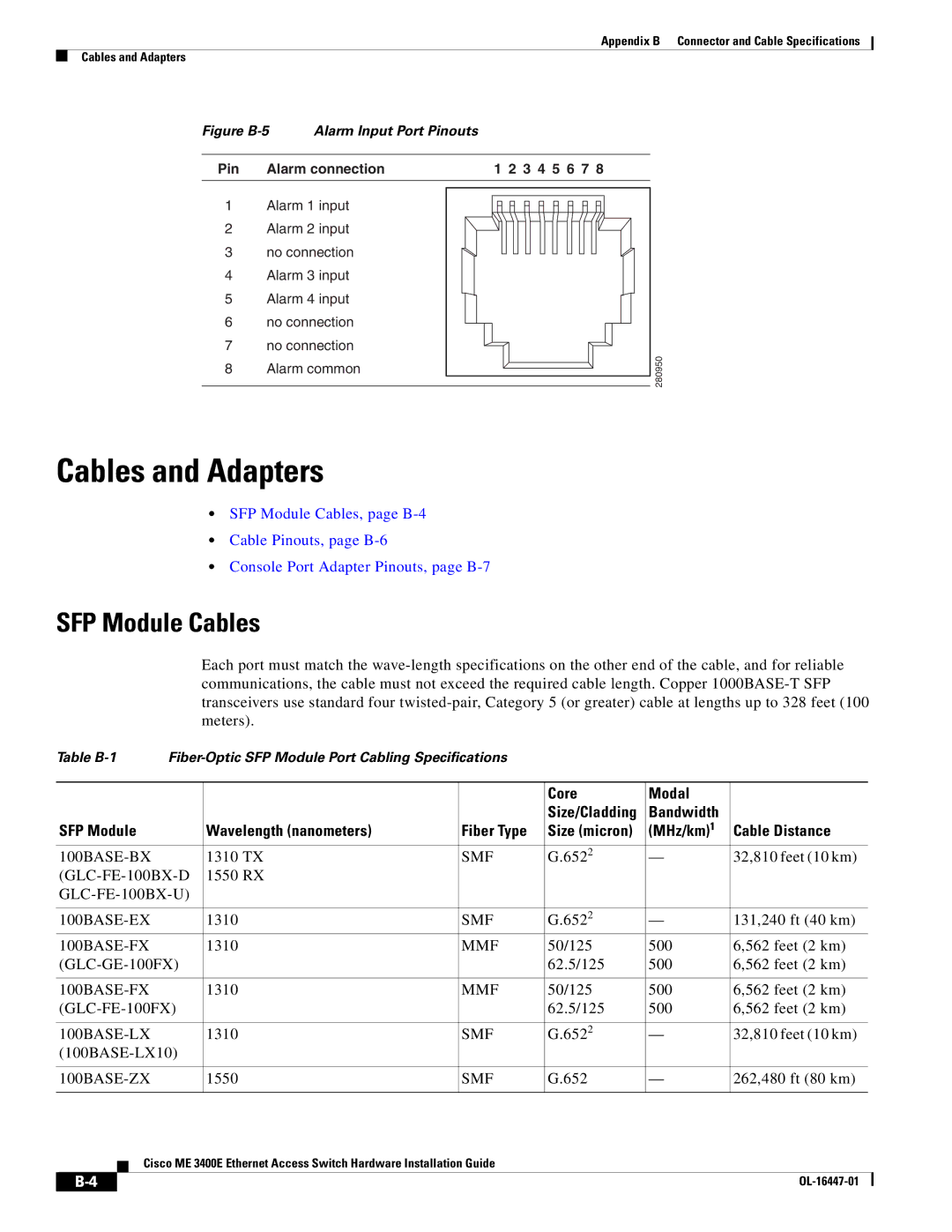 Cisco Systems Cisco ME 3400E manual Cables and Adapters, SFP Module Cables, Core Modal, MHz/km1 Cable Distance 