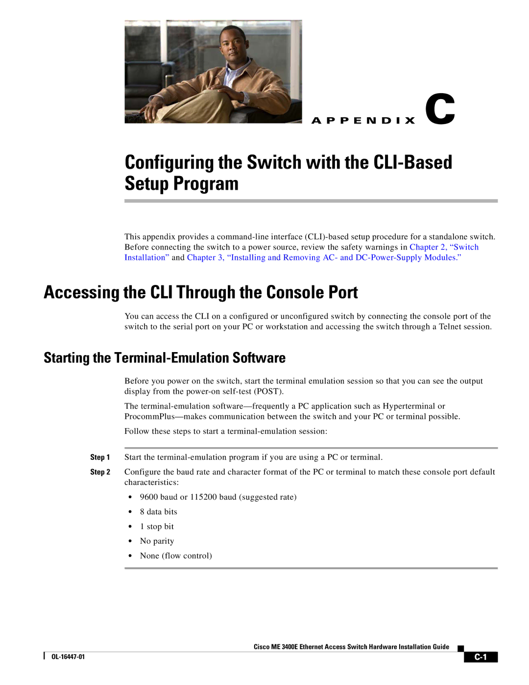 Cisco Systems Cisco ME 3400E manual Accessing the CLI Through the Console Port, Starting the Terminal-Emulation Software 