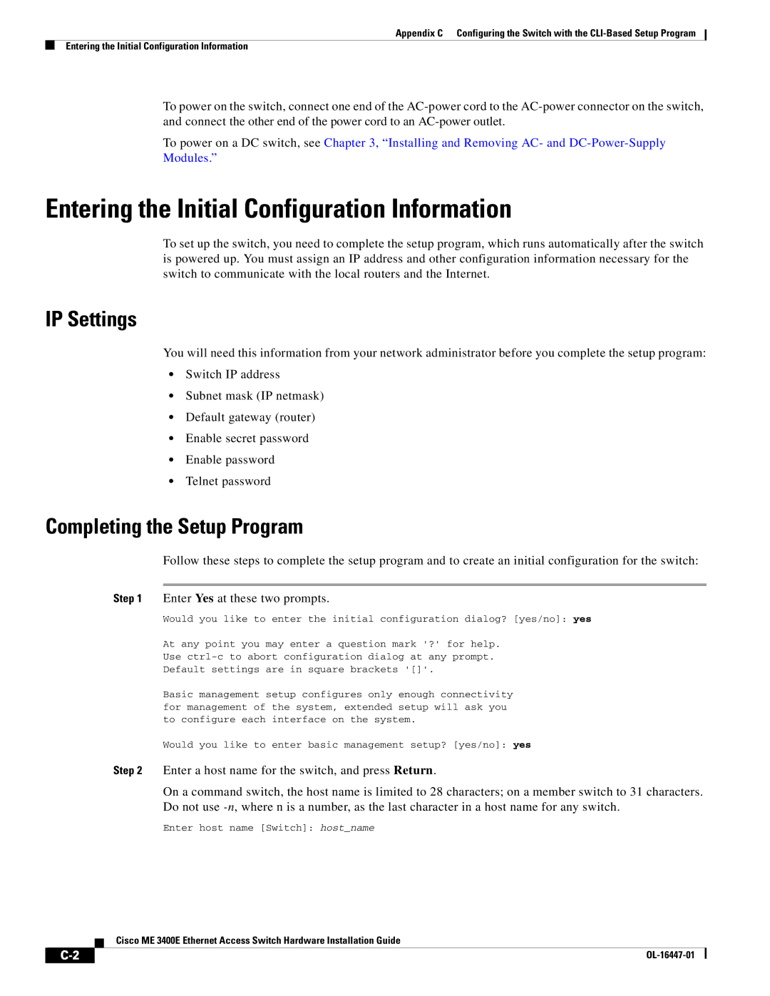 Cisco Systems Cisco ME 3400E Entering the Initial Configuration Information, IP Settings, Completing the Setup Program 