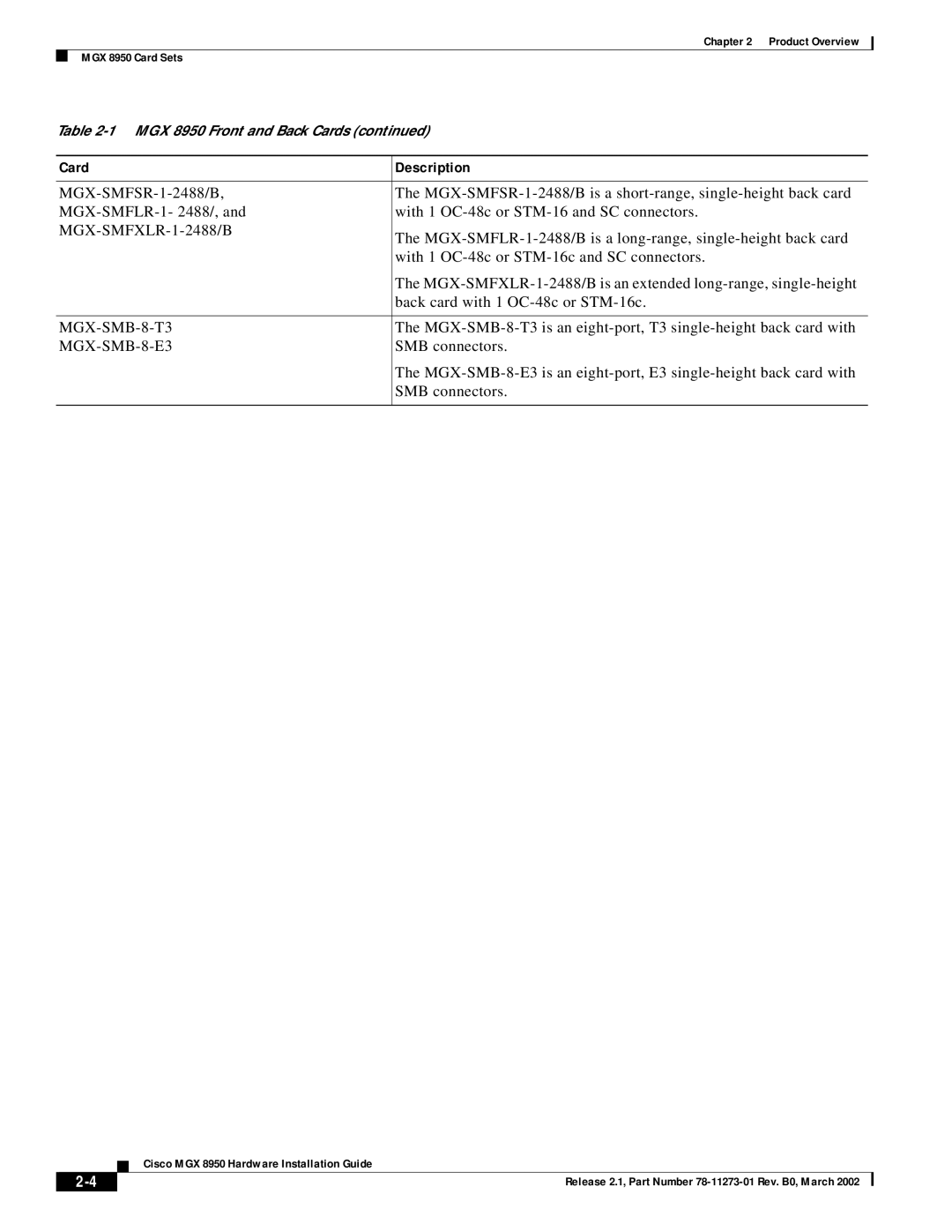 Cisco Systems Cisco MGX 8950 manual MGX-SMFXLR-1-2488/B, MGX-SMB-8-T3, MGX-SMB-8-E3 