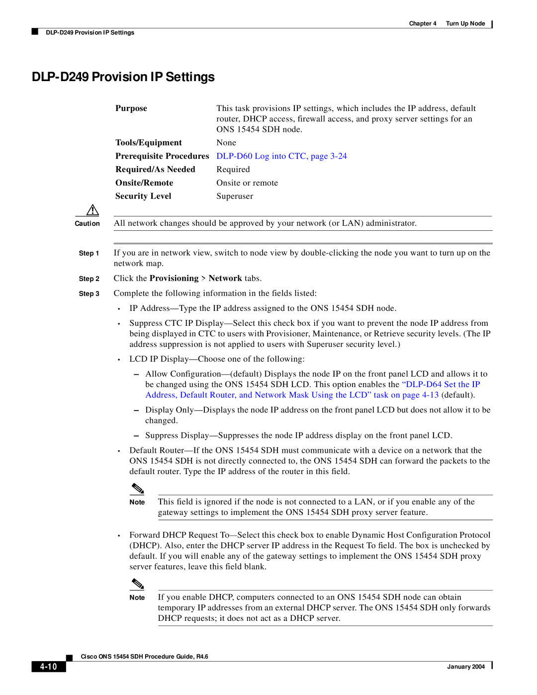 Cisco Systems Cisco ONS 15454 SDH manual DLP-D249 Provision IP Settings, Click the Provisioning Network tabs 