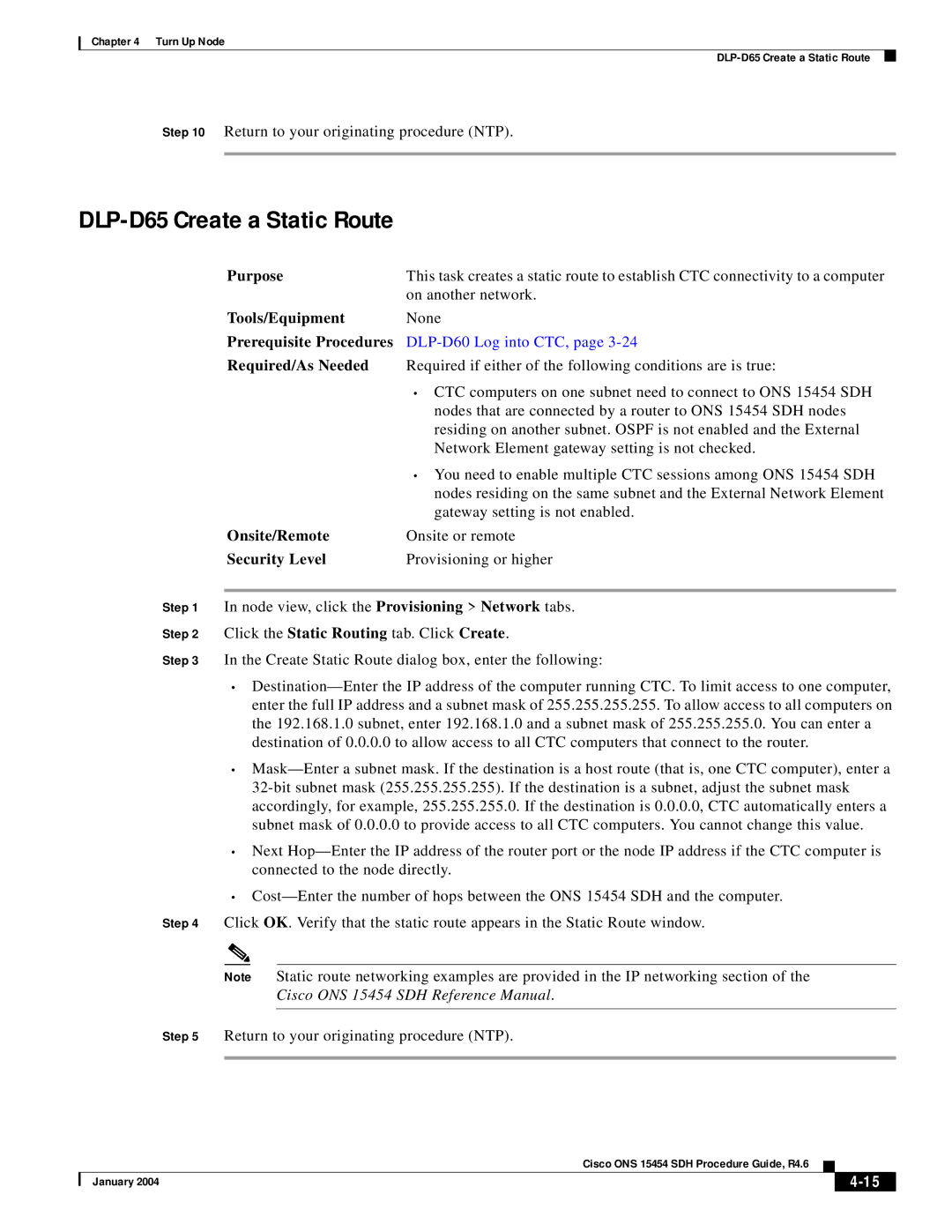 Cisco Systems manual DLP-D65 Create a Static Route, Cisco ONS 15454 SDH Reference Manual 