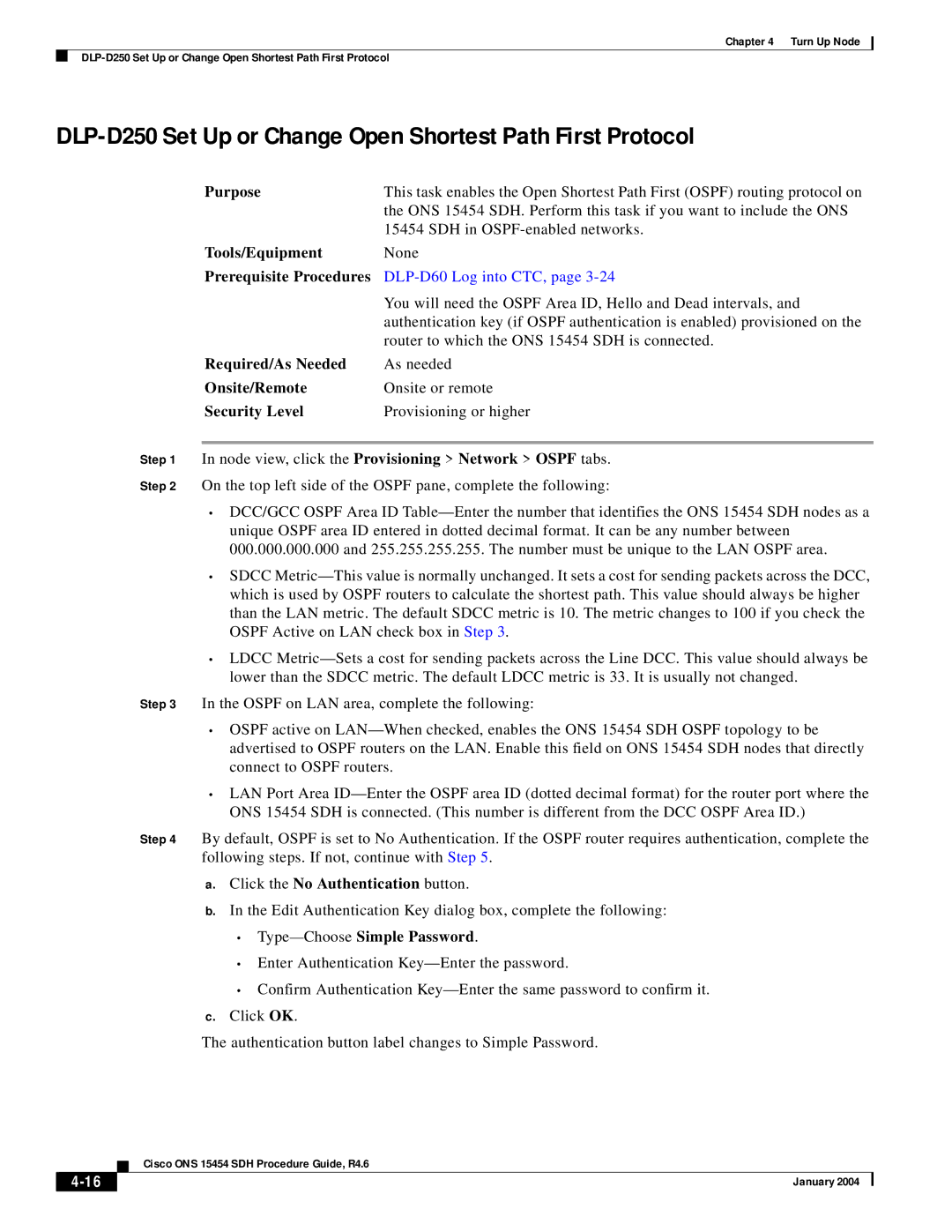 Cisco Systems Cisco ONS 15454 SDH manual DLP-D250 Set Up or Change Open Shortest Path First Protocol 