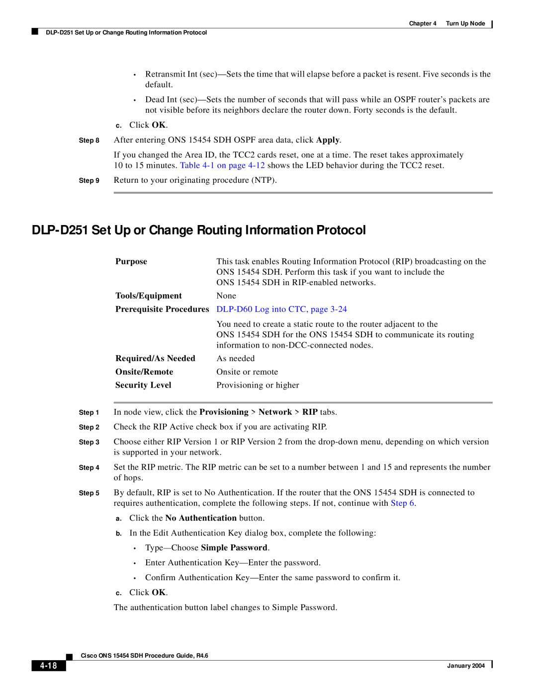 Cisco Systems Cisco ONS 15454 SDH manual DLP-D251 Set Up or Change Routing Information Protocol 